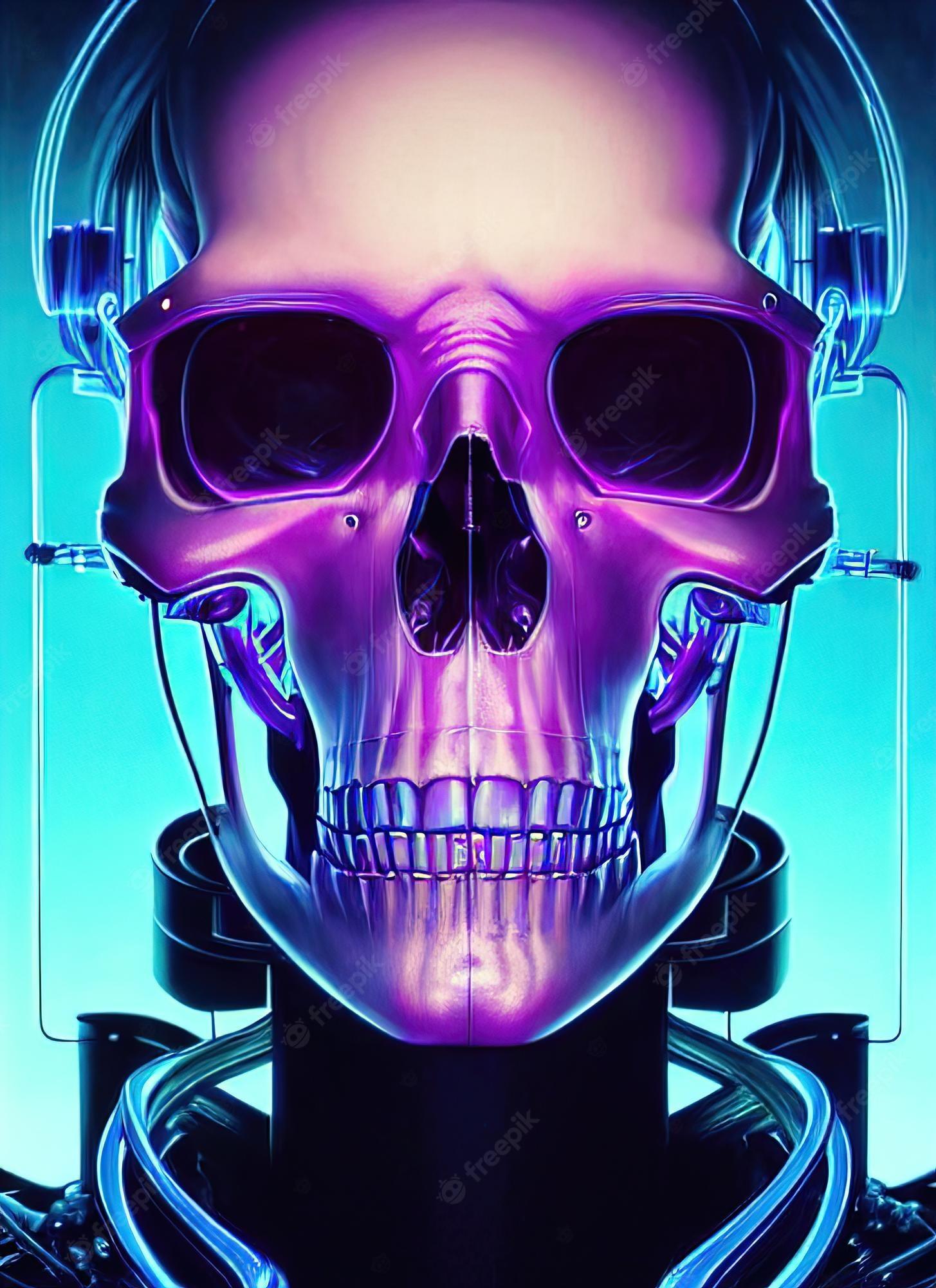 1455x2000 Premium Photo. Cyberpunk skull skeleton a fantasy scary portrait of a skull on a glowing neon background 3D illustration