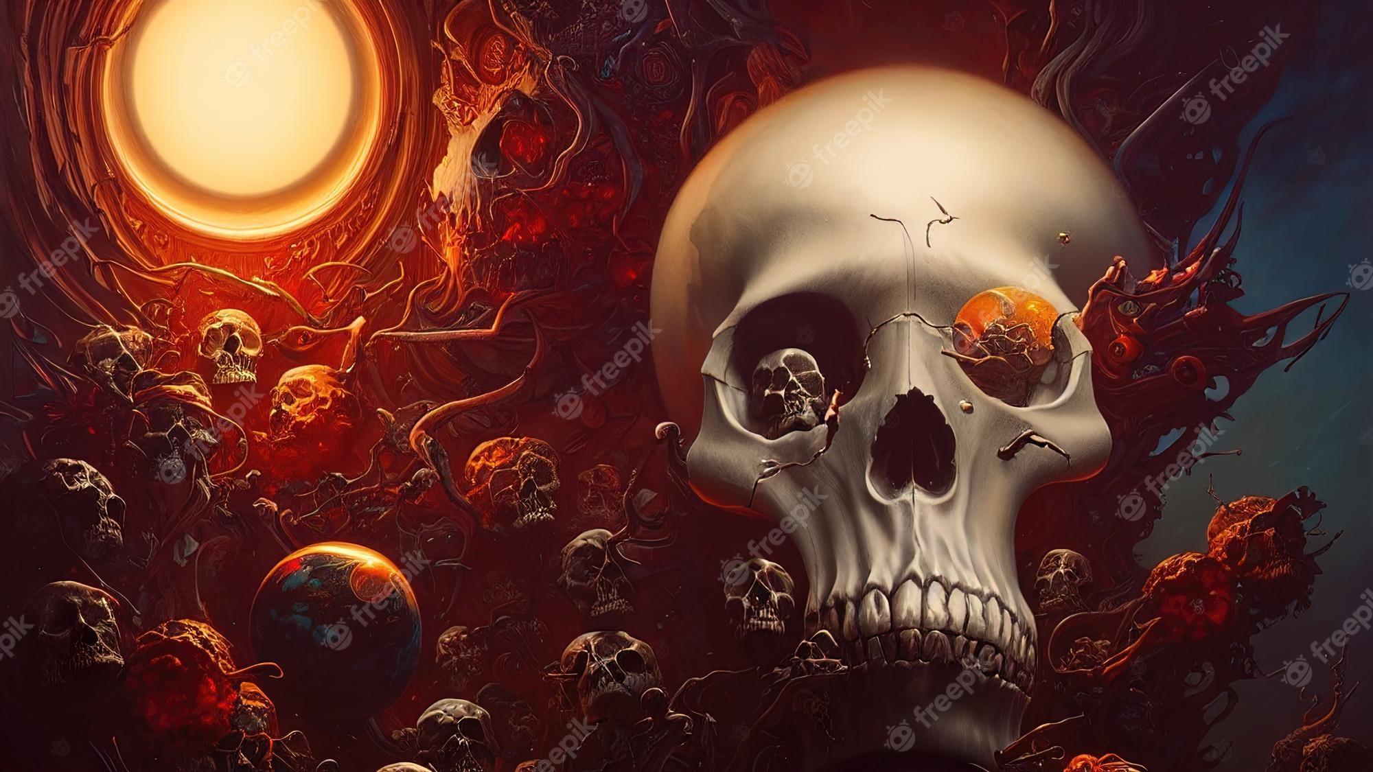 2000x1125 Premium Photo. Surreal skull skeleton fantasy scary portrait of a skull on a glowing background 3D illustration