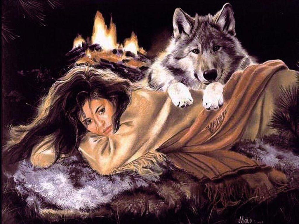 1024x768 Wolves and Indian Maidens Wallpaper
