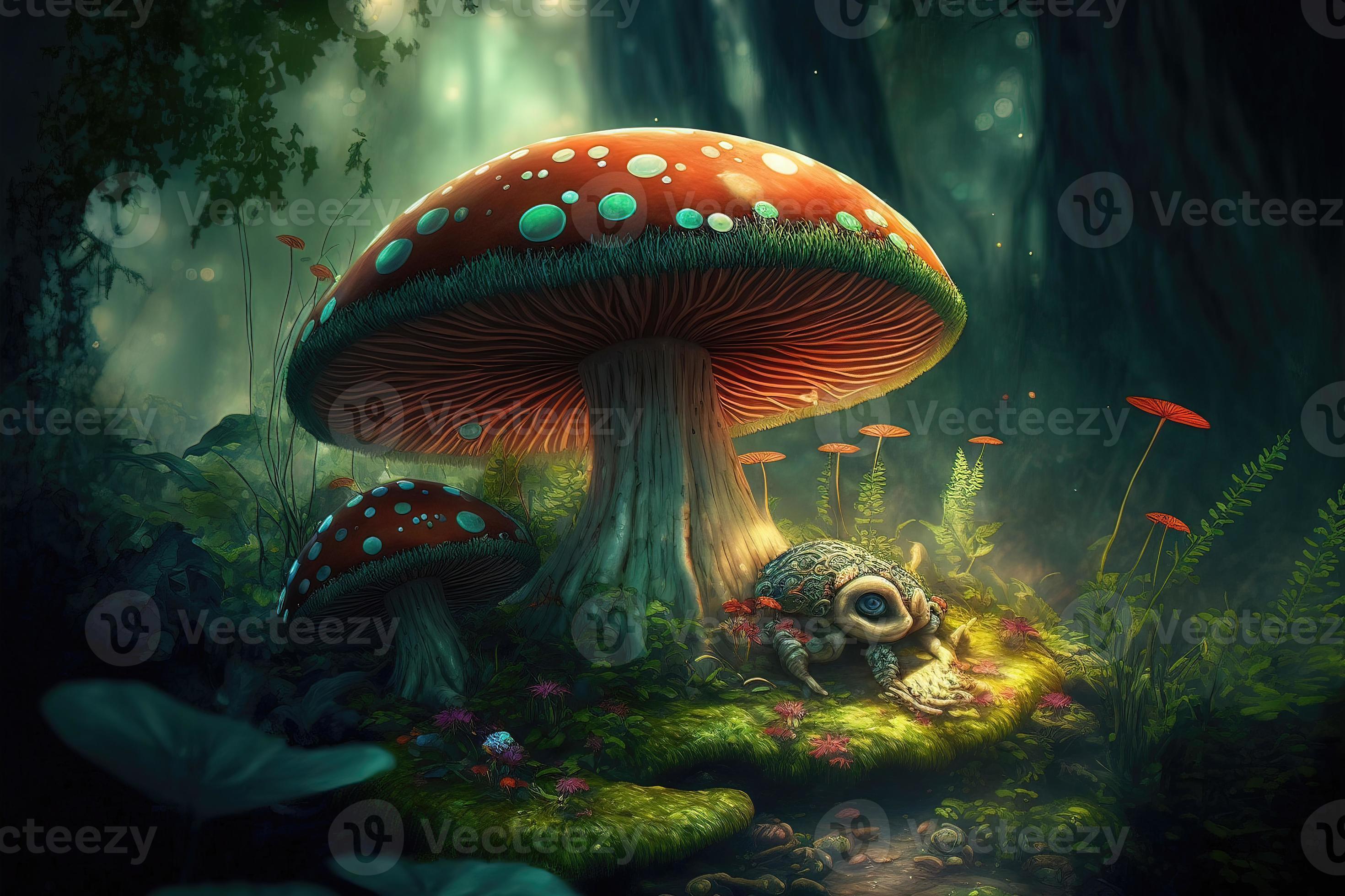 2940x1960 Fantasy mushroom wallpaper in the forest. AI Generated