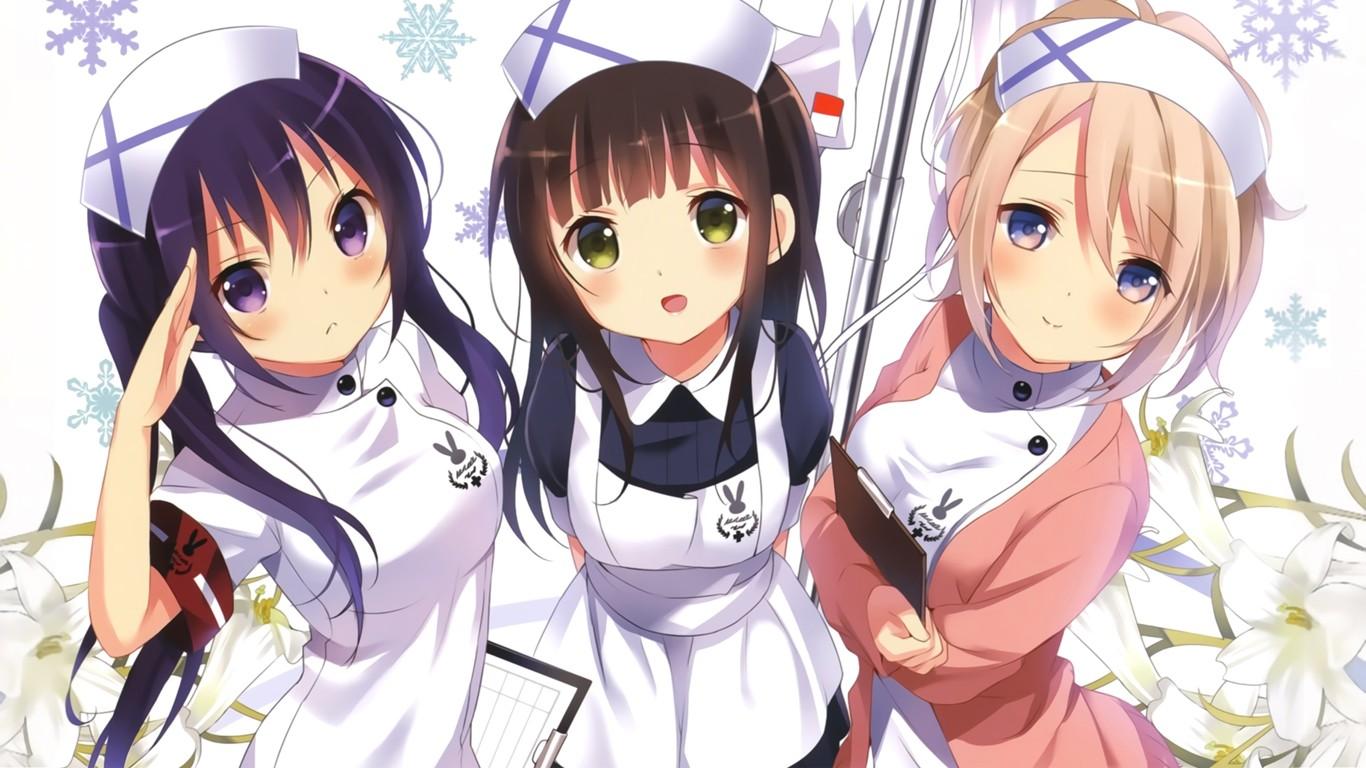 1366x768 Manga Gochuumon Wa Usagi Desu Ka Anime Girls Anime Purple Hair Brunette Blonde Is The Order A Rabbit Wallpaper:1366x768
