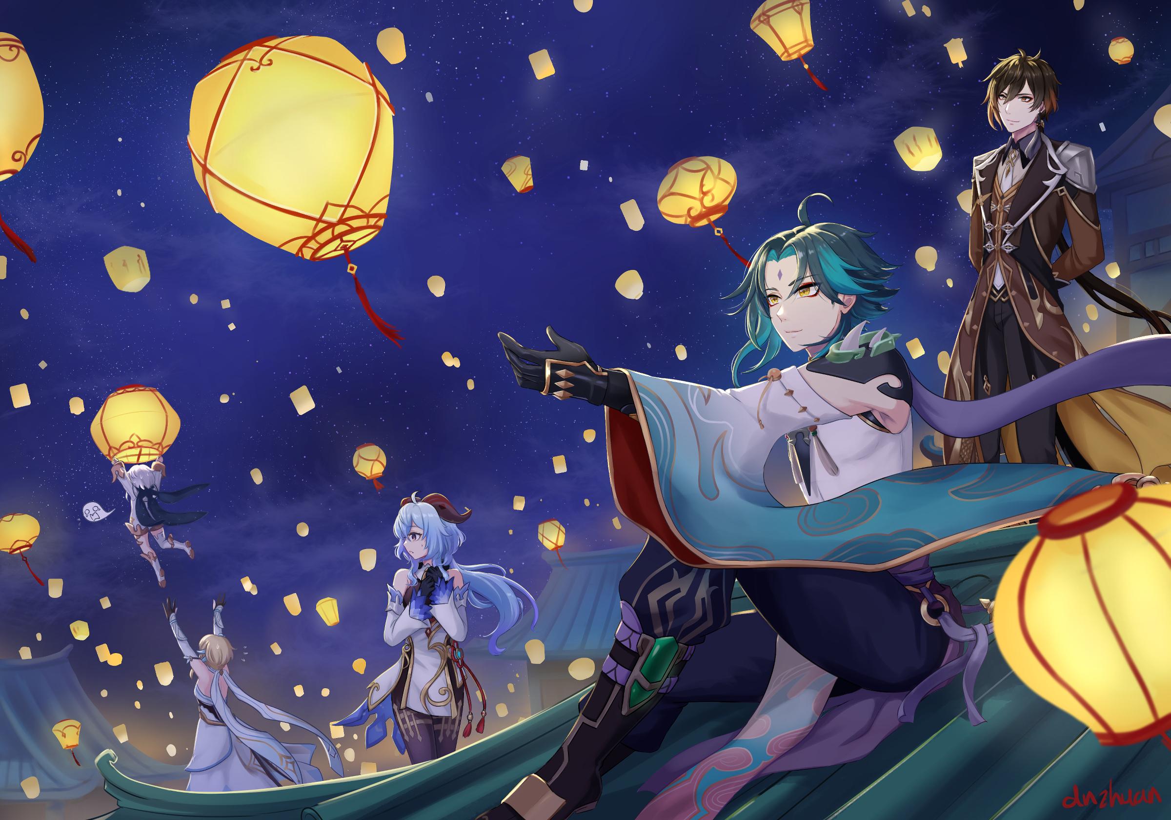 2400x1680 HD desktop wallpaper: Video Game, Genshin Impact, Lumine (Genshin Impact), Paimon (Genshin Impact), Xiao (Genshin Impact), Zhongli (Genshin Impact), Ganyu (Genshin Impact), Lantern Rite (Genshin Impact) download free picture