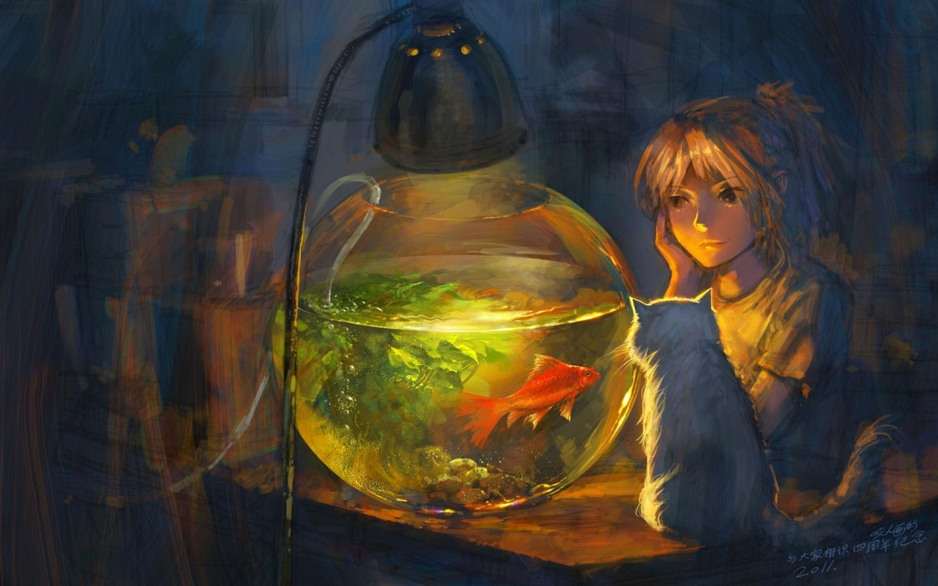 1920x1200 Child Fish Bowl & Cat wallpaper. Child Fish Bowl & Cat