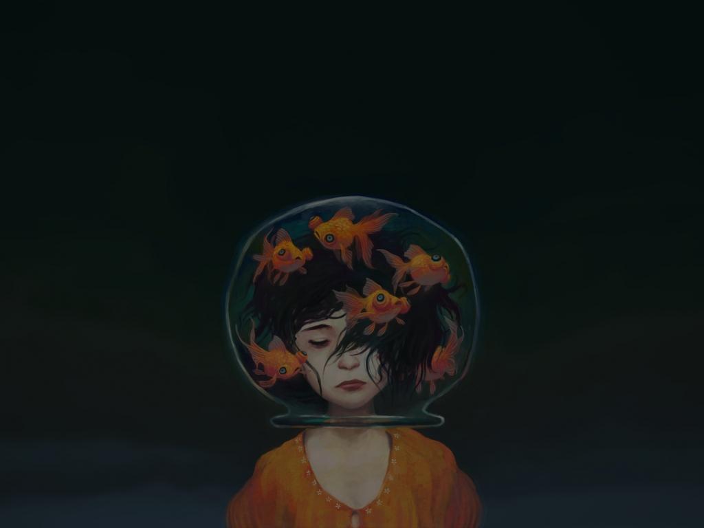 1024x768 Wallpaper surreal, girl's head in fish bowl, aquarium desktop wallpaper, HD image, picture, background, 8963c2