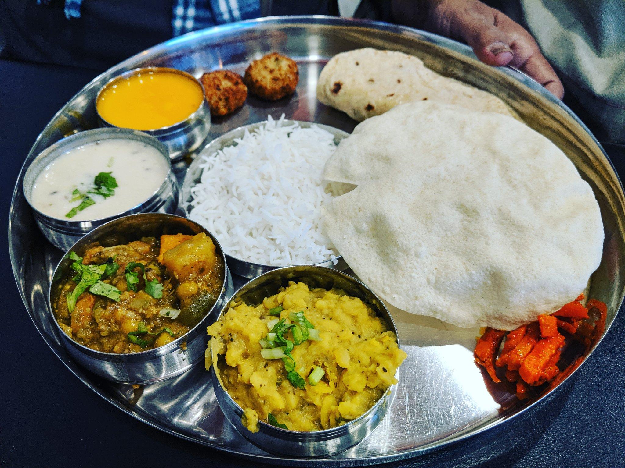2048x1536 FoodDharma Thali Wheat roti, Papad, 2 Sabzi, Kadhi, Rice, Sabudana Wada and the amazing Aam Ras (Mango Pulp)!!. . # gujaratifood #ThaliFans #indianfood #Foodies #vegetarian #foodstagram #Toronto #
