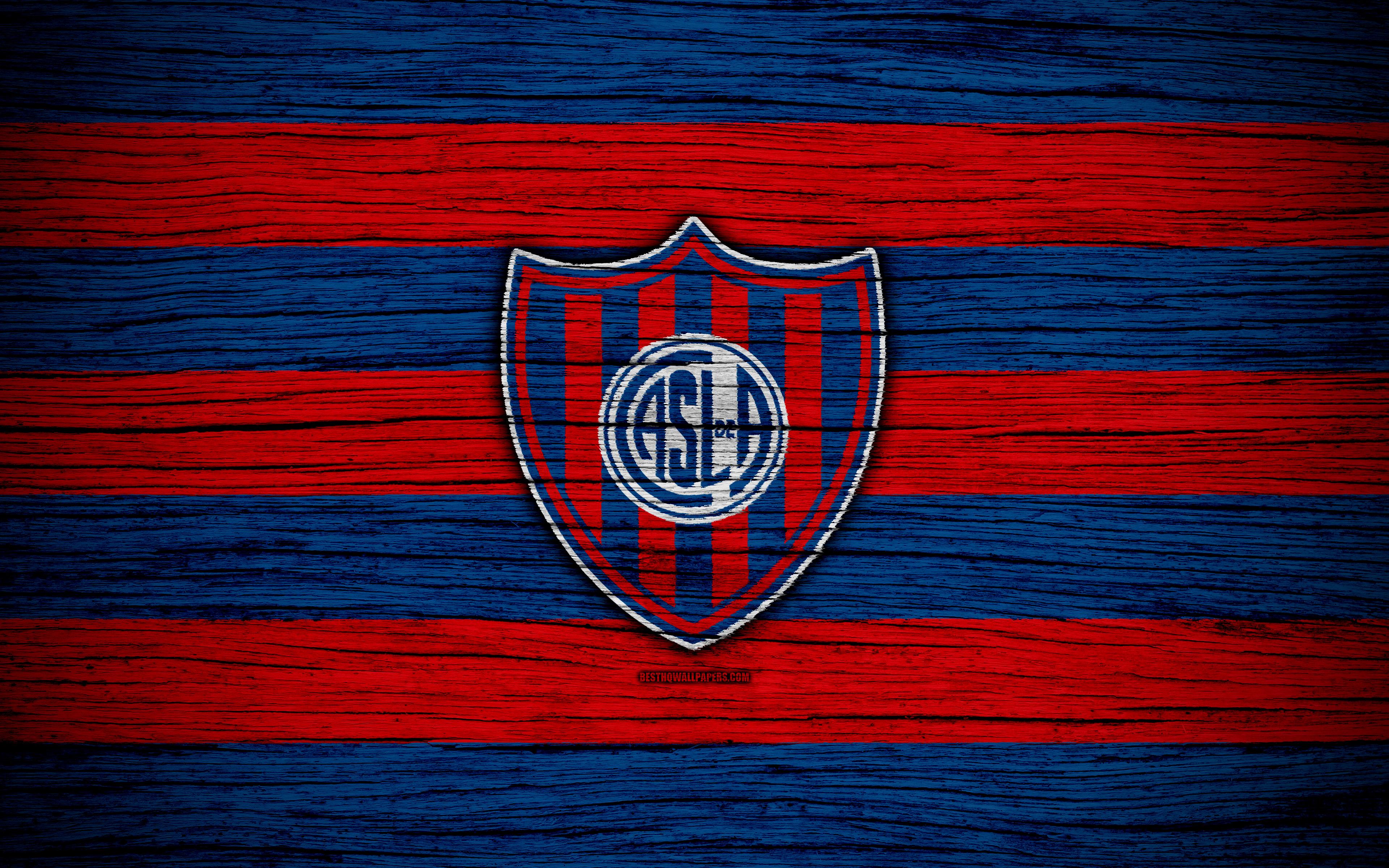 3840x2400 Download wallpaper San Lorenzo de Almagro, 4k, Superliga, logo, AAAJ, Argentina, soccer, San Lorenzo de Almagro FC, football club, wooden texture, FC San Lorenzo de Almagro for desktop with resolution 3840x2400. High