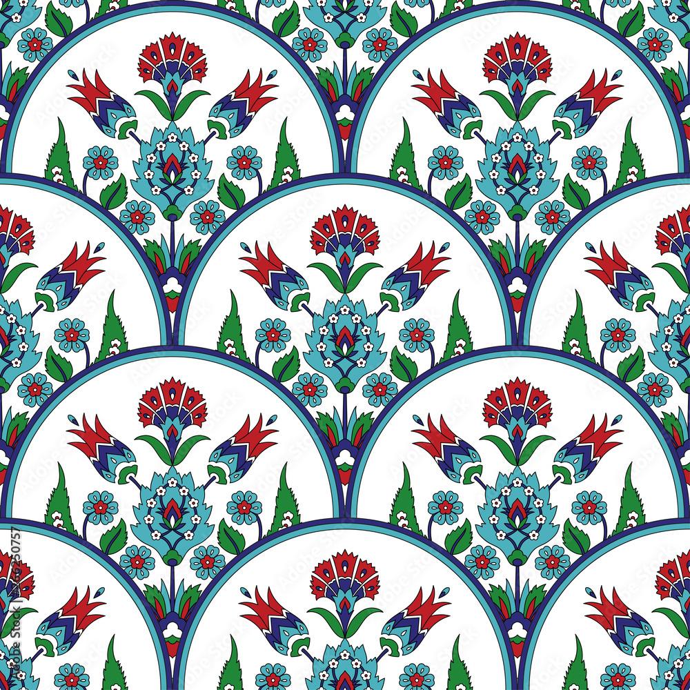 1000x1000 Turkish arabic pattern vector seamless. Ottoman iznik tile design with tulip flowers. Oriental background for wallpaper, backdrop, home textile, curtain fabric. Stock Vector