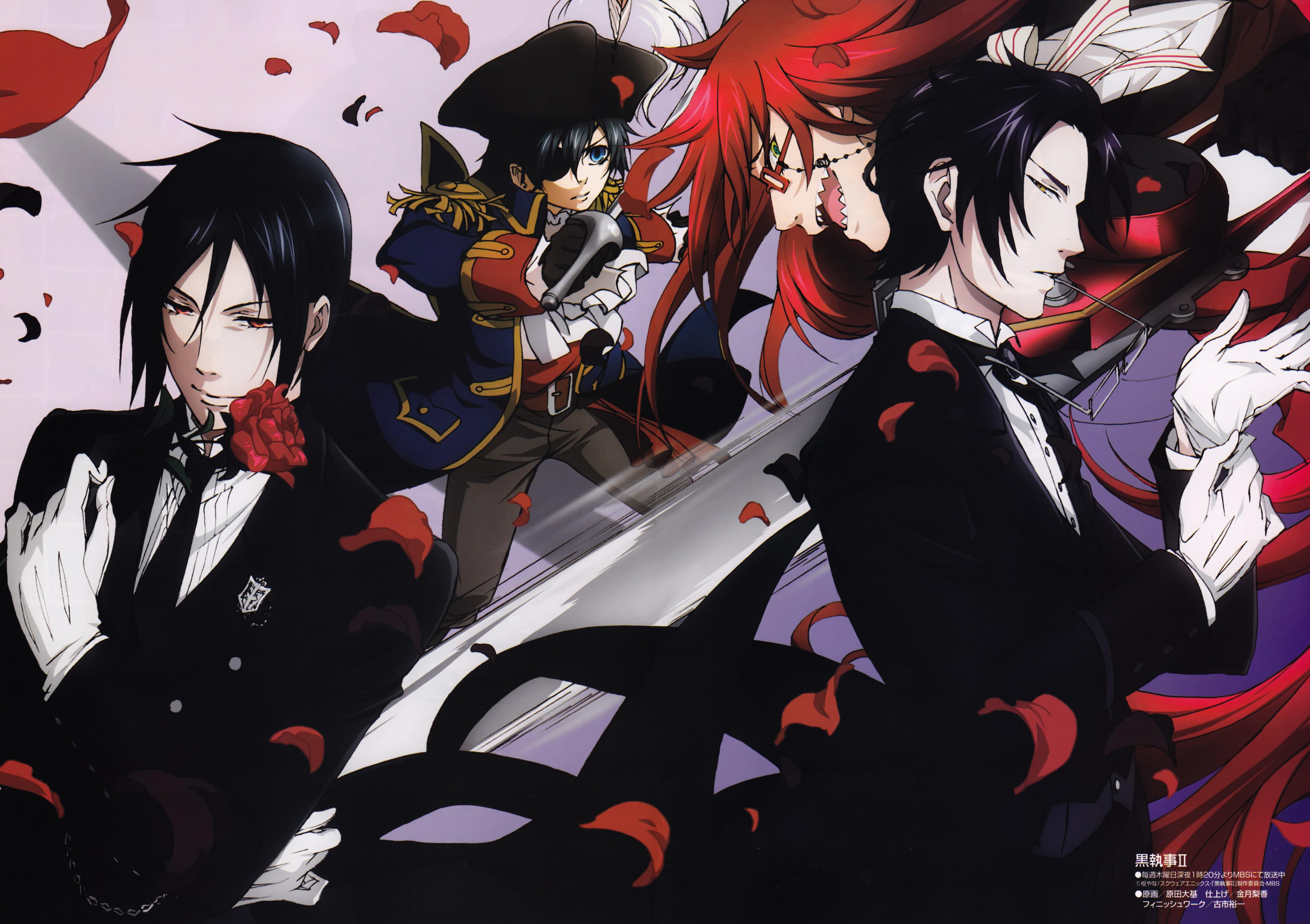 4920x3470 ciel phantomhive, sebastian michaelis, claude faustus, and grell sutcliff (kuroshitsuji)