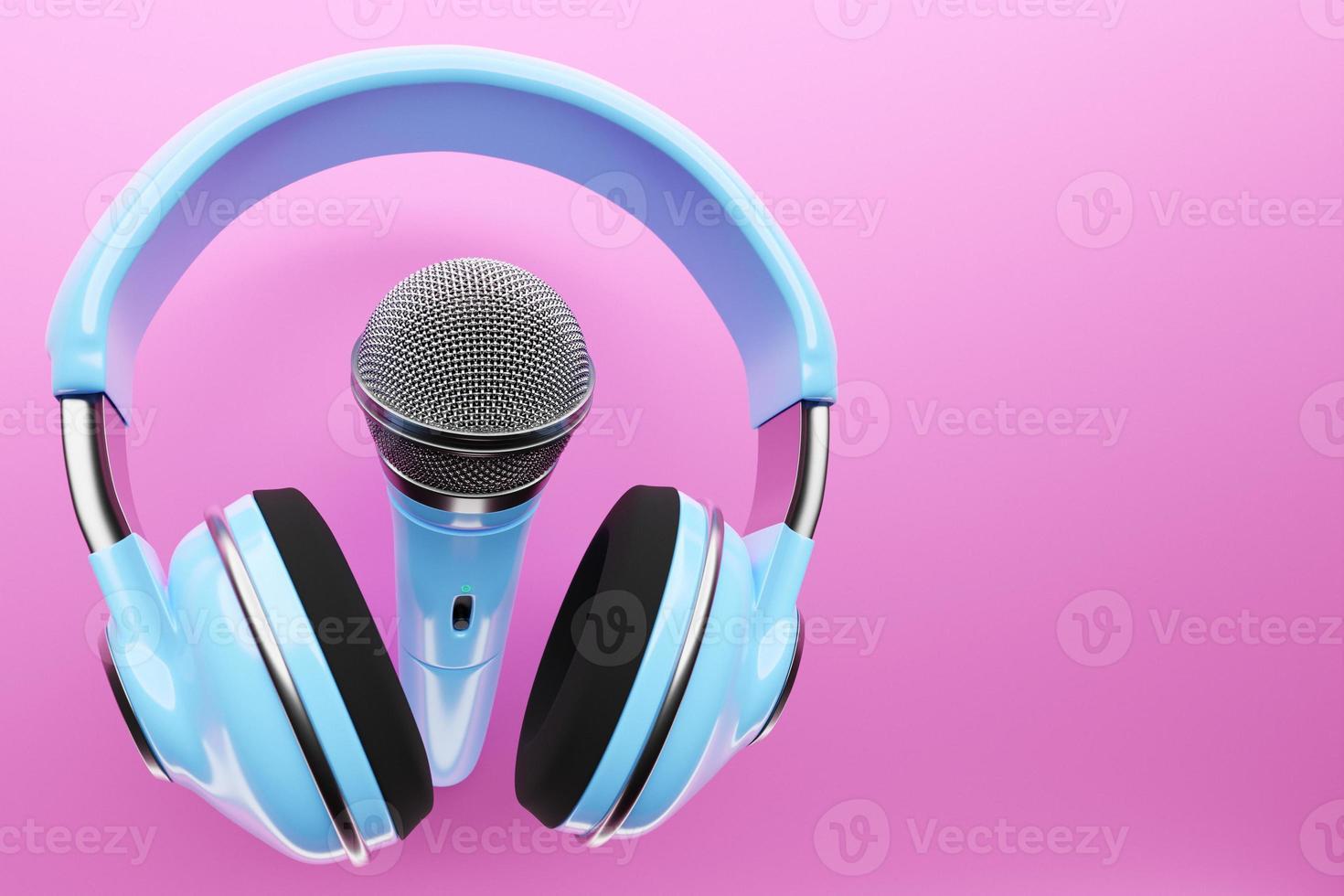 1470x980 Blue microphone with wireless headphones on pink background