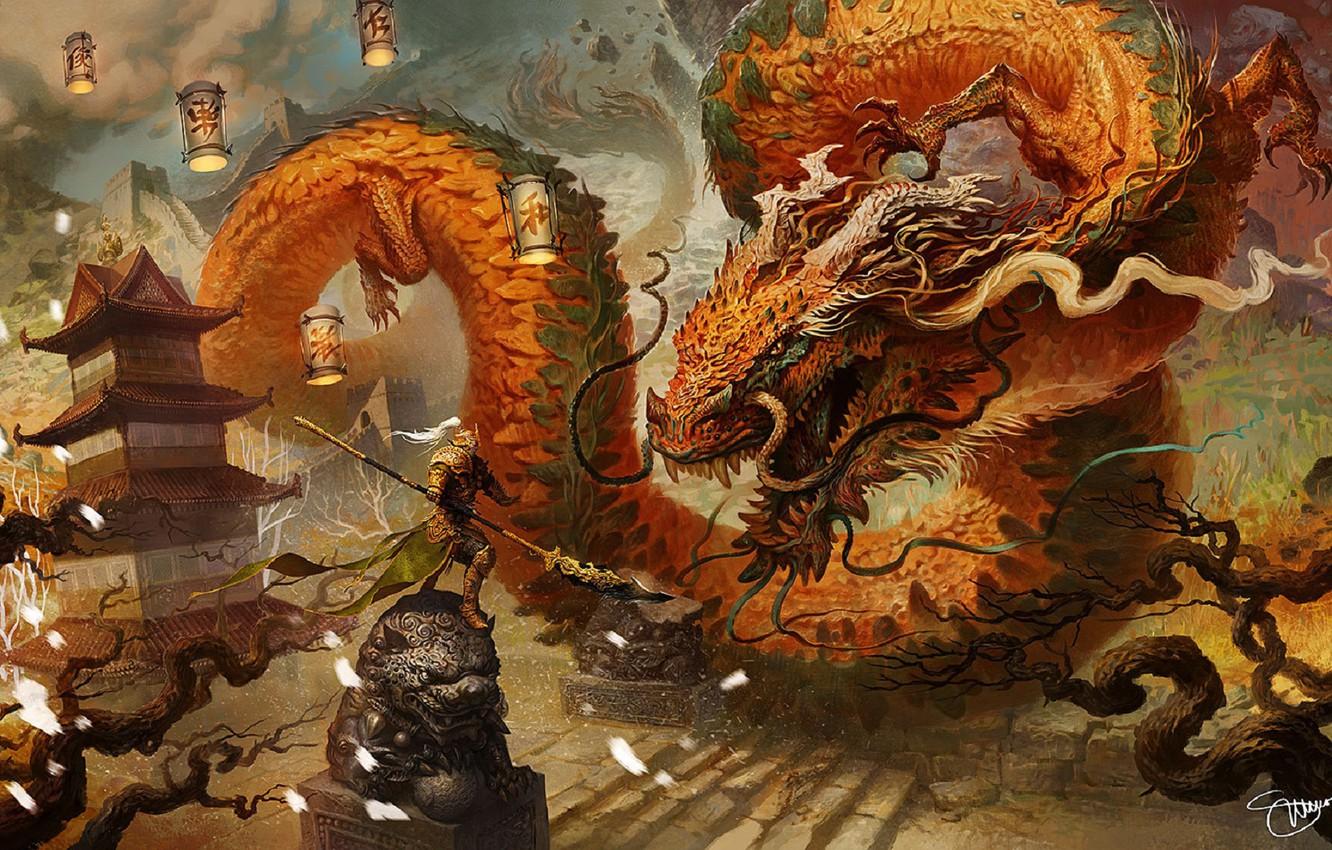 1332x850 Wallpaper mustache, dragon, armor, scales, warrior, lights, stage, horns, pagoda, battle, gold, art, sculpture, huge, the fight, Chinese dragon image for desktop, section игры