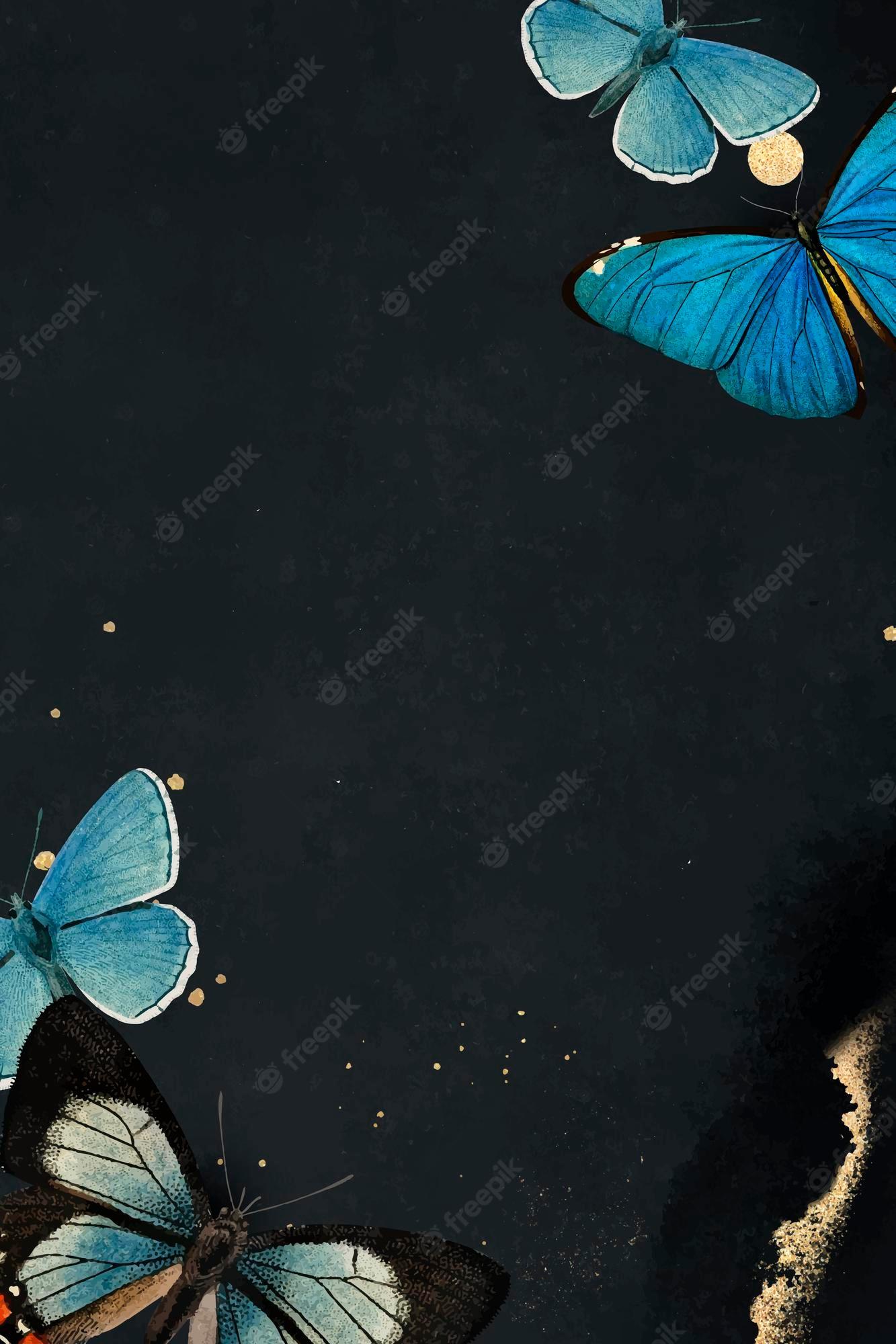 1333x2000 Free Vector. Blue butterflies patterned on black background vector