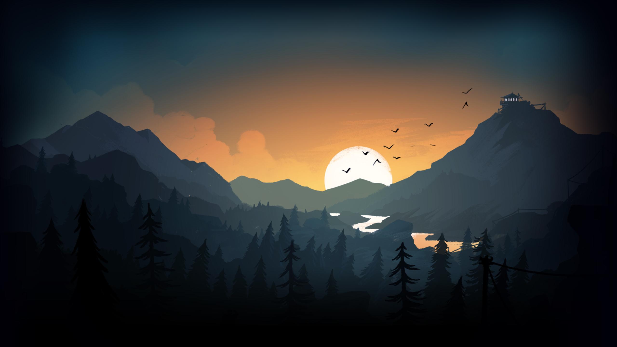 2560x1440 Firewatch Sun Trees Mountains Birds Lake Evening 1440P Resolution HD 4k Wallpaper, Image, Background, Photo and Picture