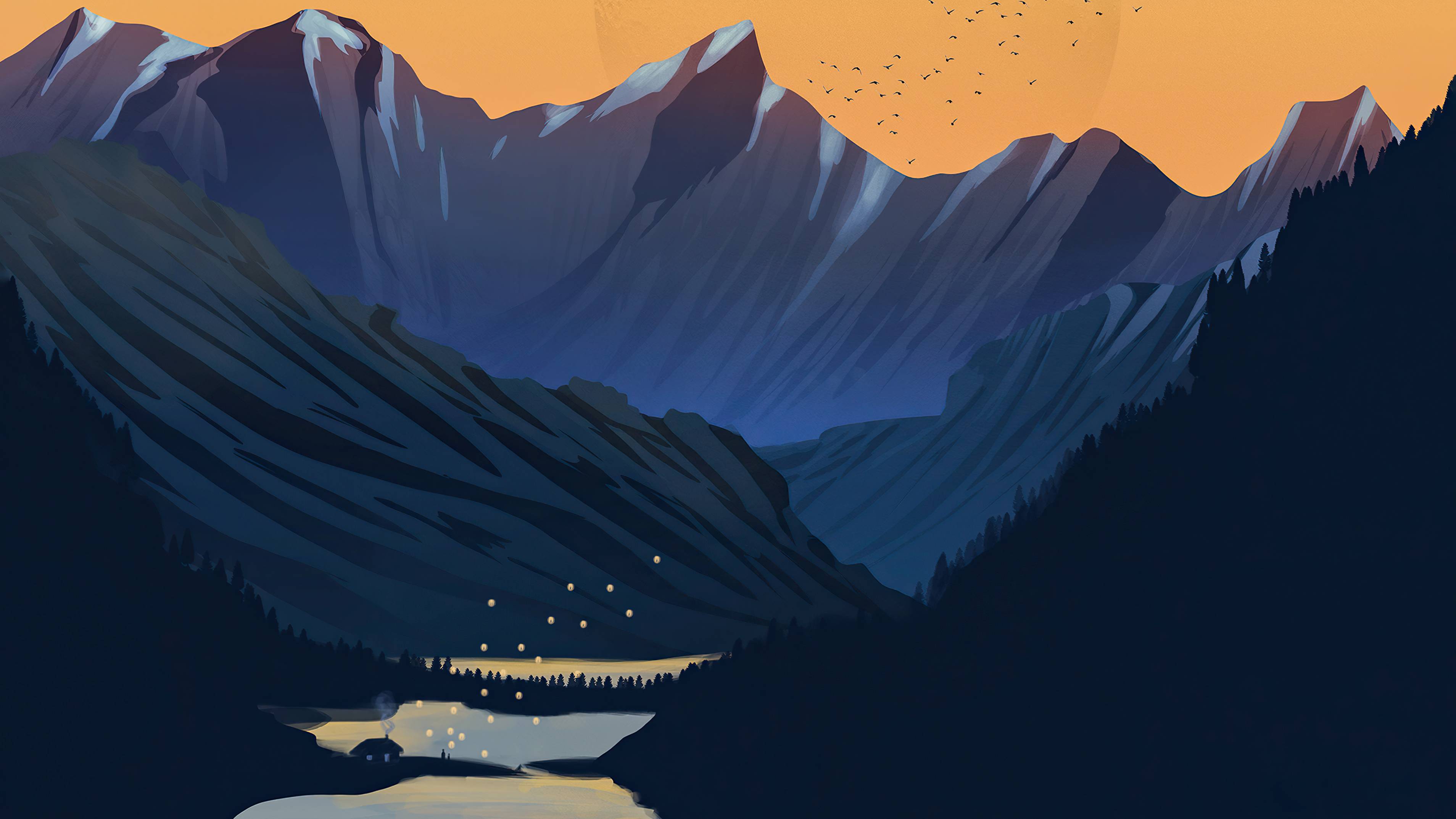 3816x2146 Mountains Moon Lake Birds 4k, HD Artist, 4k Wallpaper, Image, Background, Photo and Picture