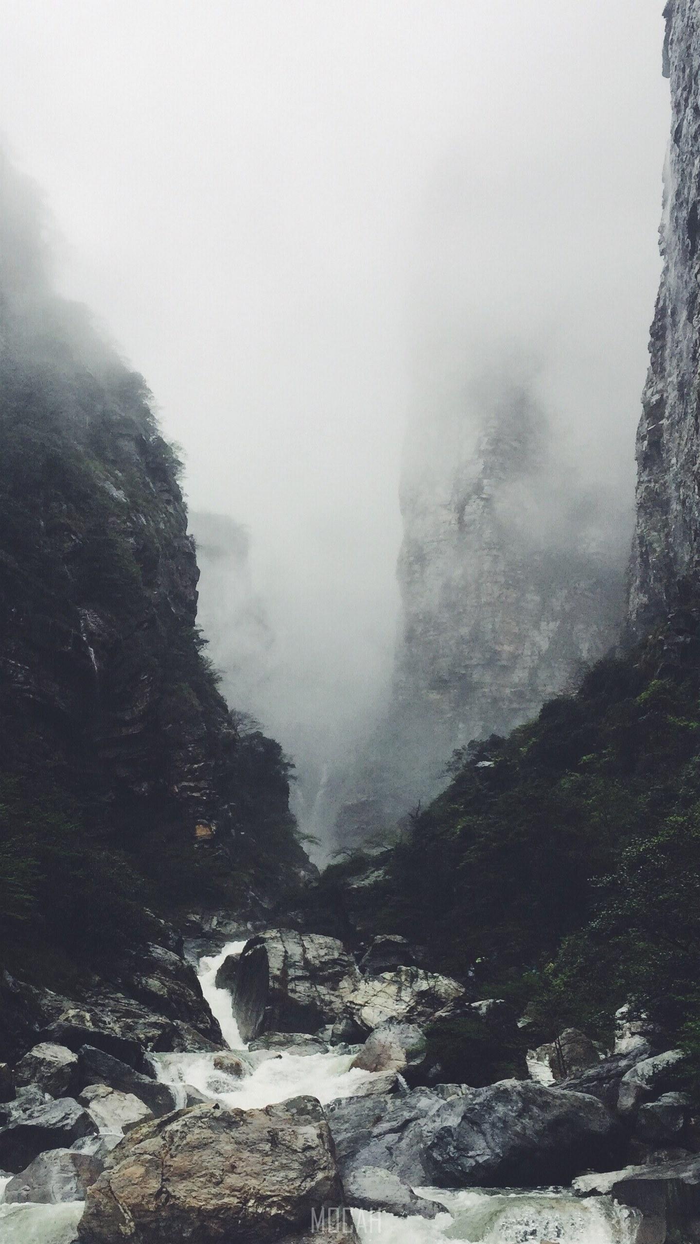 1440x2560 fog fills the rocky river valley between mountains, cloudy canyon, Apple iPhone 6s Plus screensaver hd, 1080x1920 Gallery HD Wallpaper