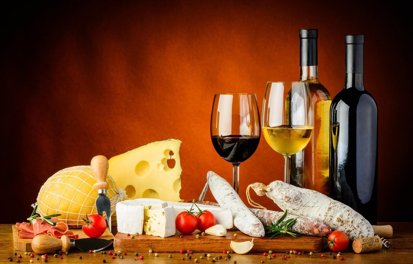 1332x850 Wallpaper wine, cheese, tomatoes, bacon, spices image for desktop, section еда
