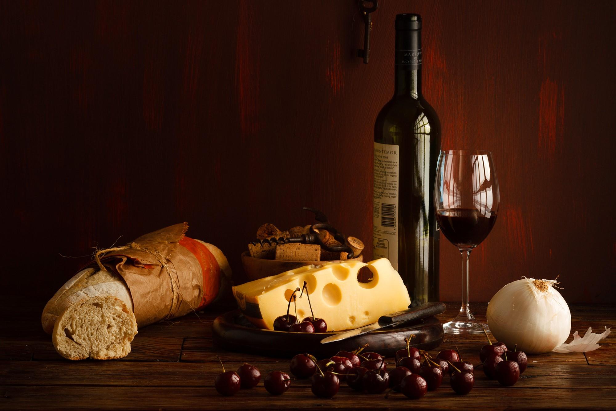2000x1333 Still Life, Wine, Cheese, Bread, Cherry, Onion, Bottle, Stemware Gallery HD Wallpaper