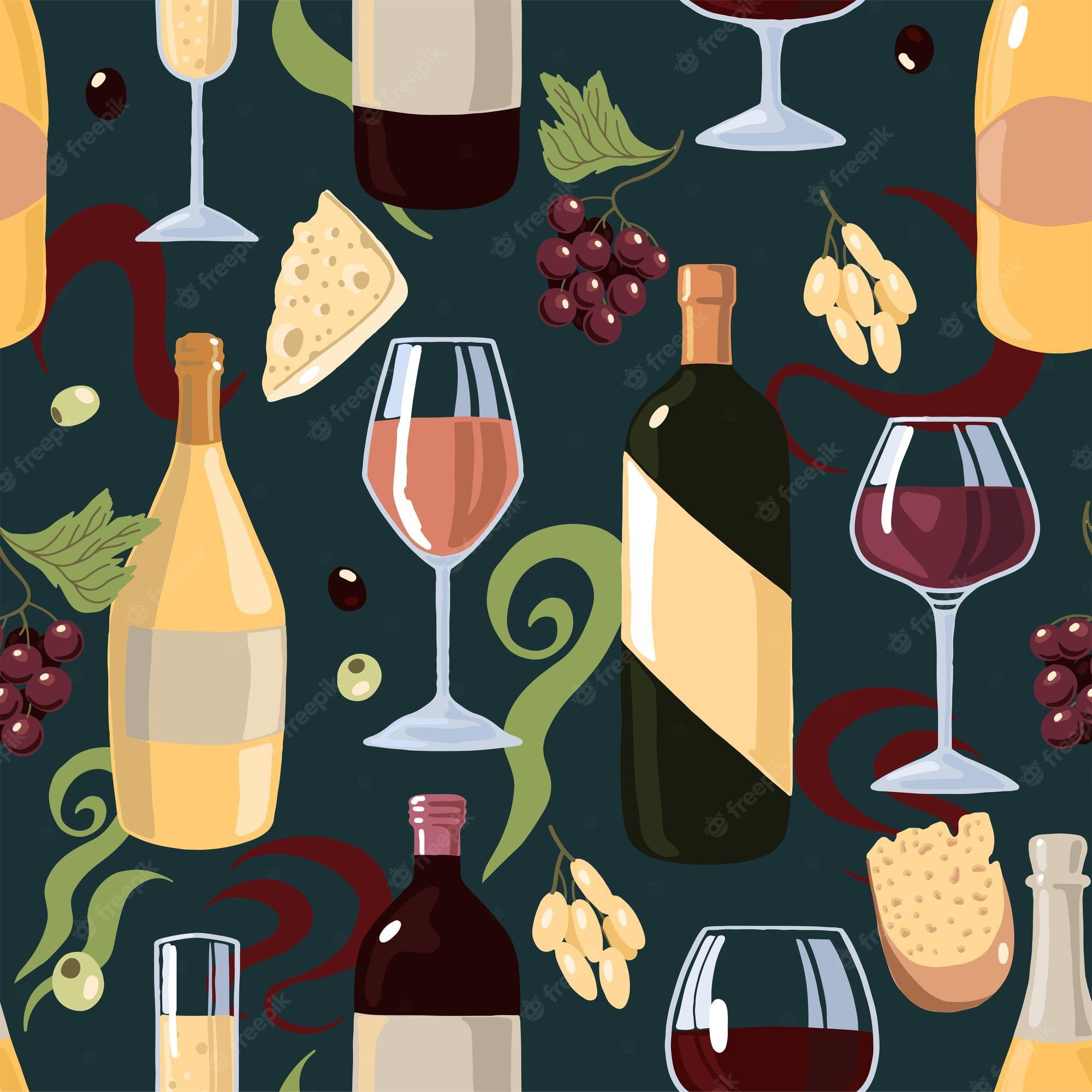 2000x2000 Premium Vector. Wine bottles, glasses, cheese, grapes, olives. hand drawn vector seamless pattern. colorful flat background in retro abstract style. for design, print, decor, wallpaper, fabric, textile
