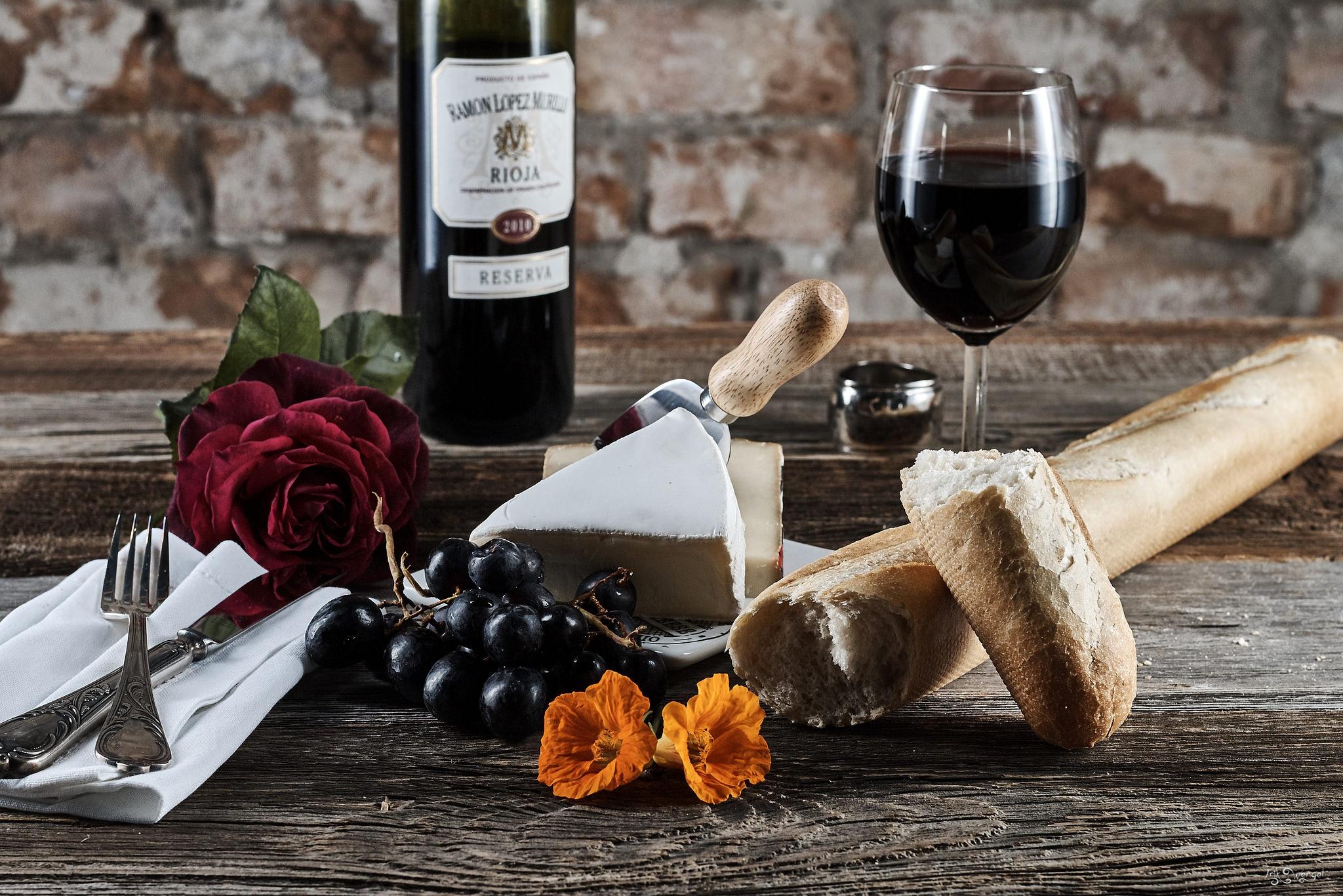 2048x1366 Still Life Food Wine Bread Grapes Cheese Rose Flowers Knife Fork Napkin Wooden Surface Wallpaper:2048x1366