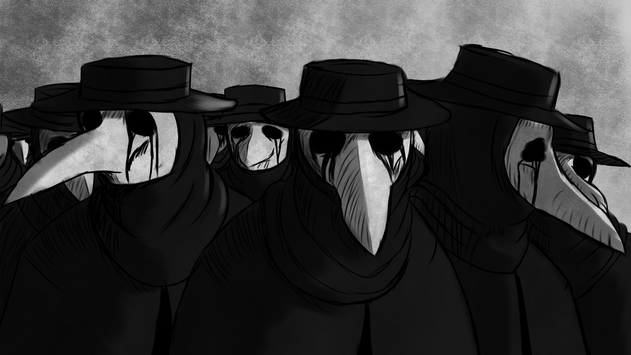 2048x1152 Wallpaper / plague doctors, black, artwork, horror, crying, black clothing, mask free download
