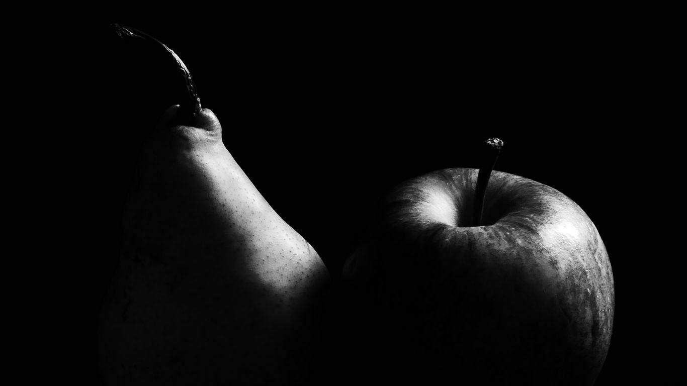 1366x768 Download wallpaper 1366x768 apple, fruit, black and white, black tablet, laptop HD background