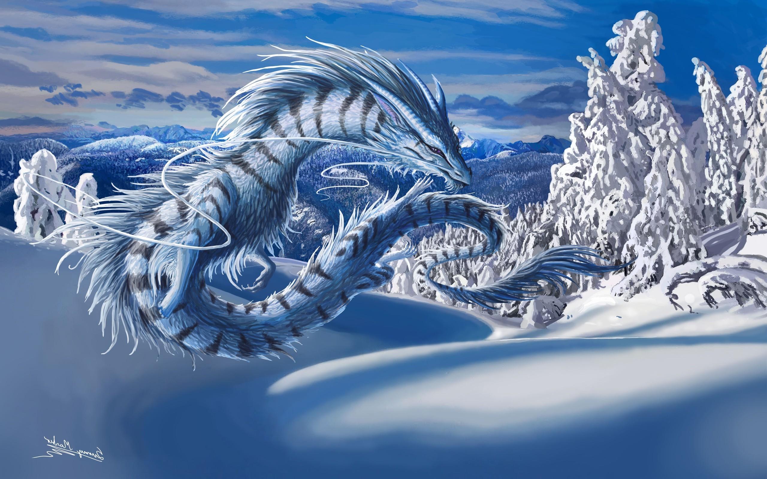 2560x1600 dragon digital art fantasy art nature winter snow trees clouds mountain forest hill Gallery HD Wallpaper