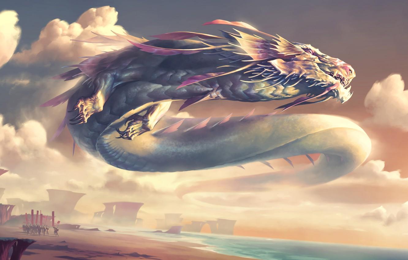 1332x850 Wallpaper fantasy, Dragon, sea, sunset, army, digital art, artwork, fantasy art, creature, banners image for desktop, section фантастика