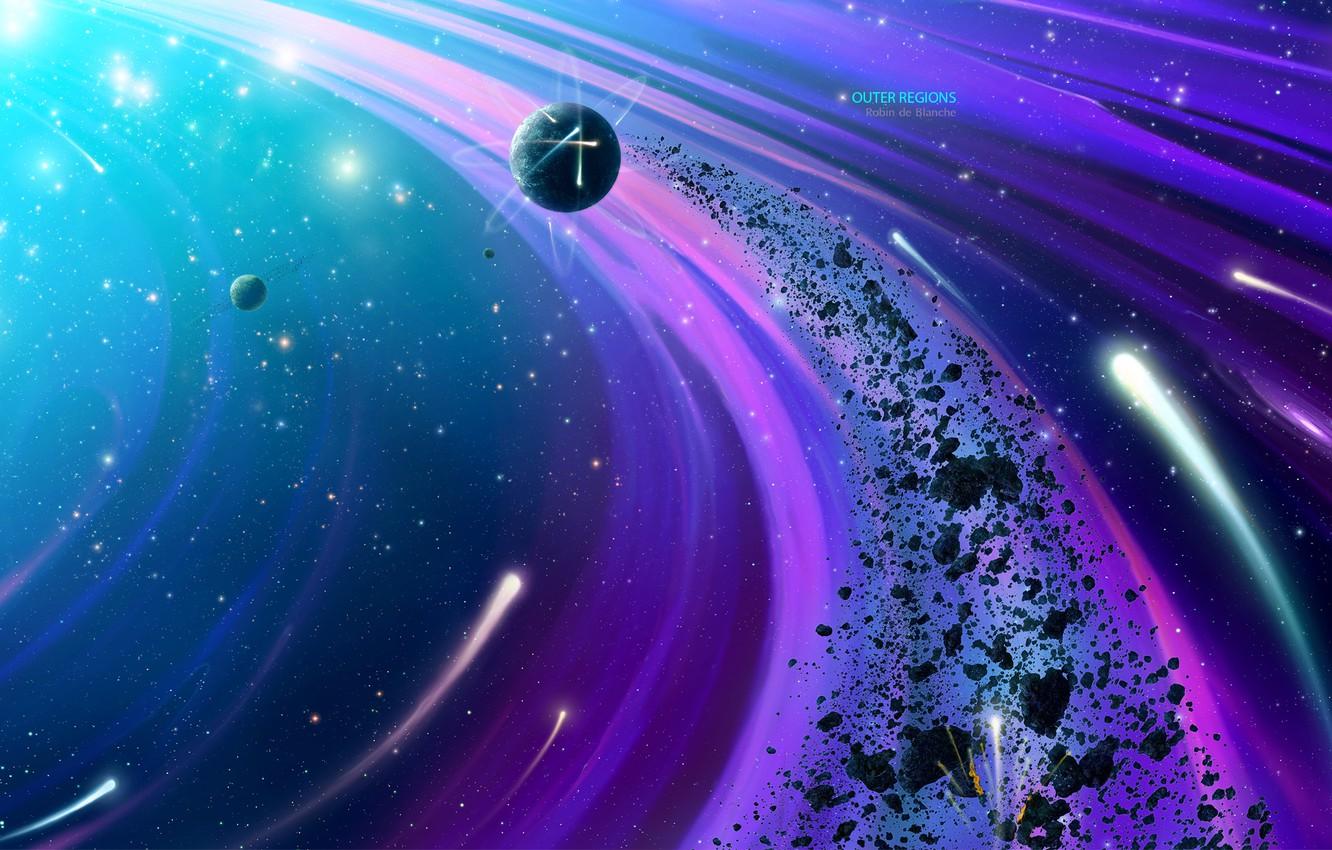 1332x850 Wallpaper space, fragments, planet, stars, the asteroid belt, by Robin De Blanche, Outer Regions image for desktop, section фантастика