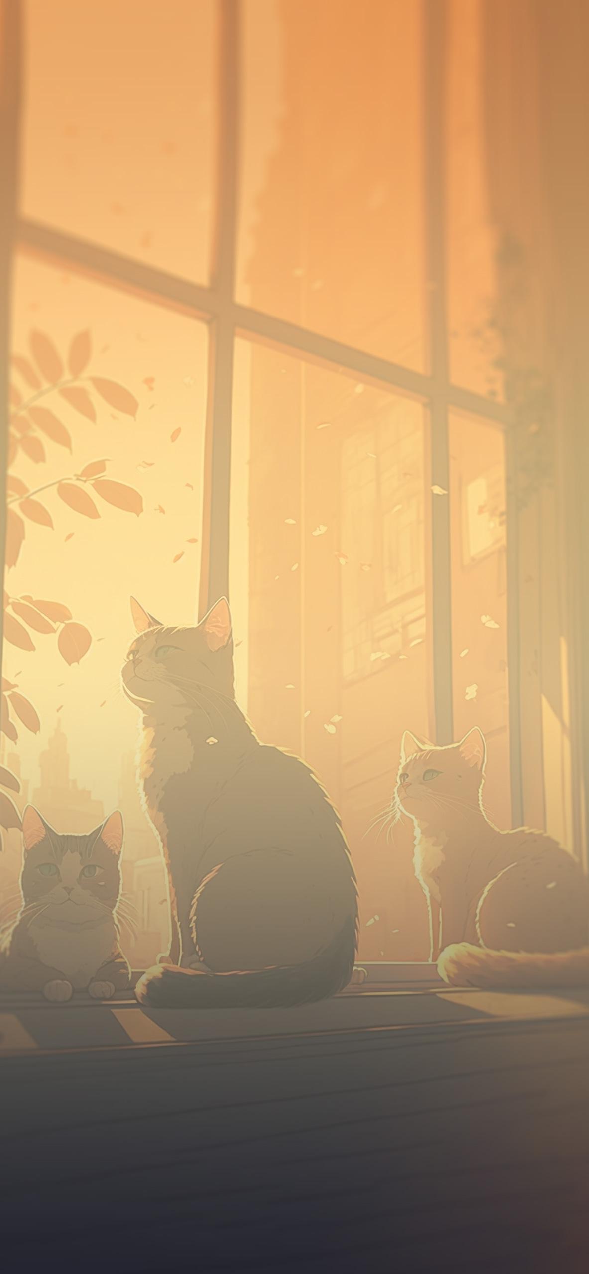 1183x2560 Cats on the Windowsill Anime Background Cats Wallpaper