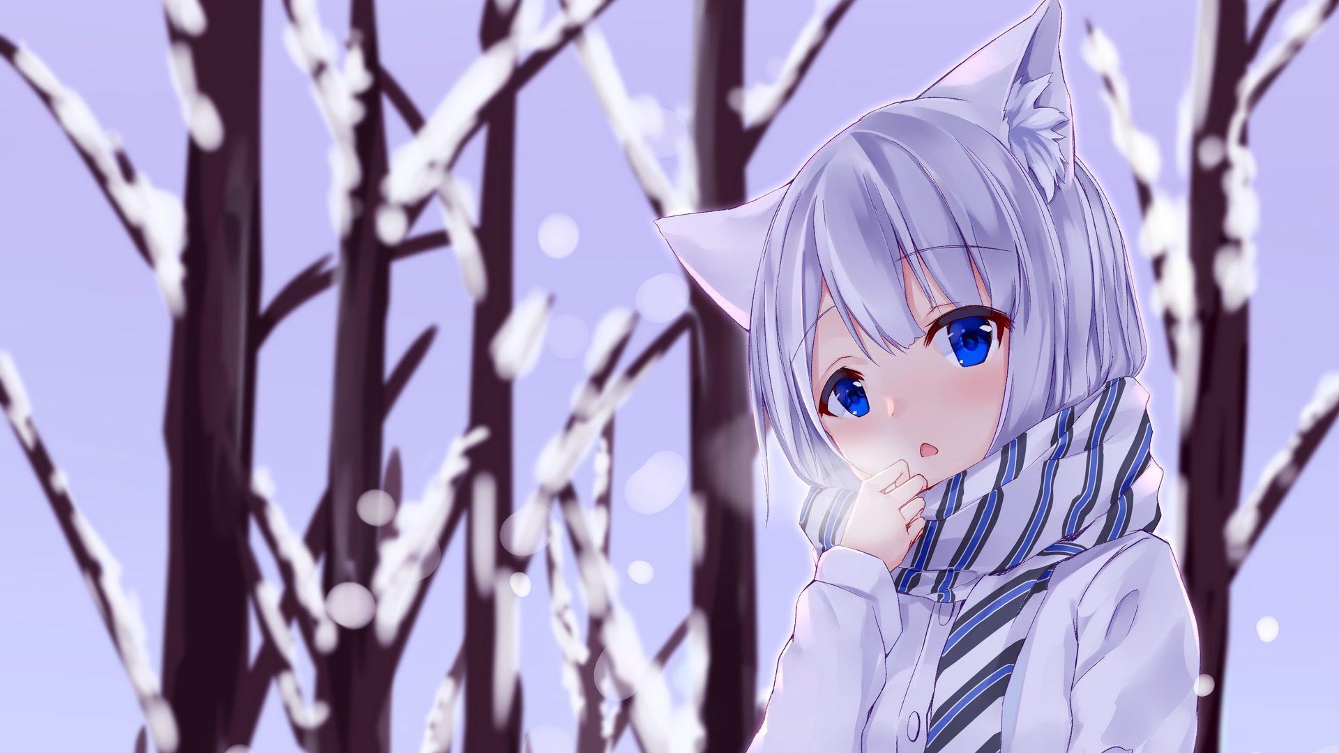 1920x1080 Download wallpaper 1920x1080 girl, neko, ears, winter, cold, snow, anime full hd, hdtv, fhd, 1080p HD background