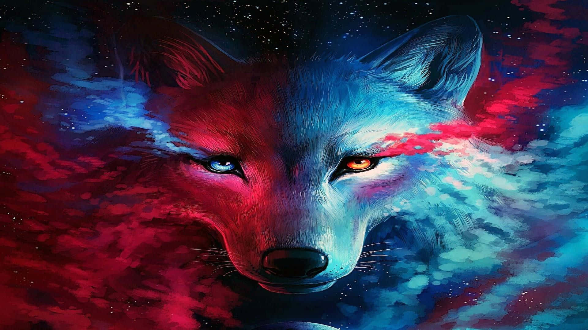 1920x1080 Download A Wolf With Blue And Red Eyes And A Planet In The Background Wallpaper