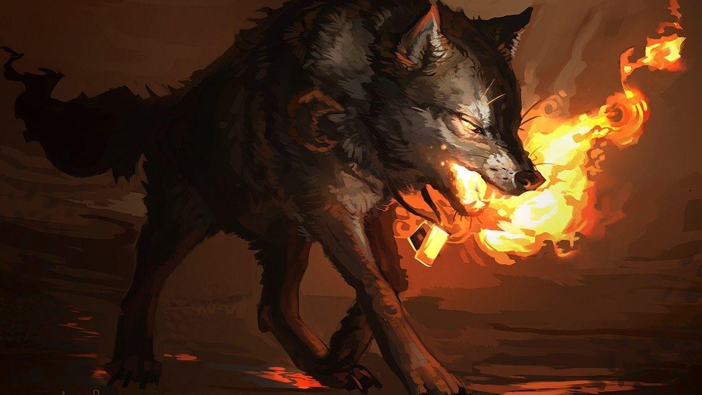 1366x768 Fire Wolf Wallpaper