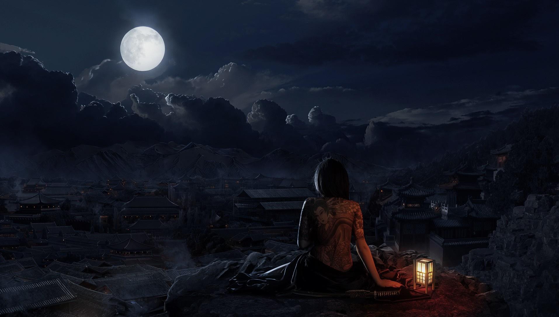 1914x1086 night, Moon, village, moonlight, skull, oriental, midnight, darkness, screenshot, computer wallpaper, geological phenomenon Gallery HD Wallpaper