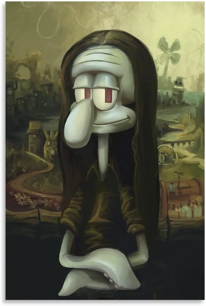 834x1238 Squidward Famous Painting Lisa Funny Spoof Poster Poster Frame Hanger Scroll Posters Canvas Decorative Hanging Painting Wall Art Decor Room 16X24Inch(40X60Cm)