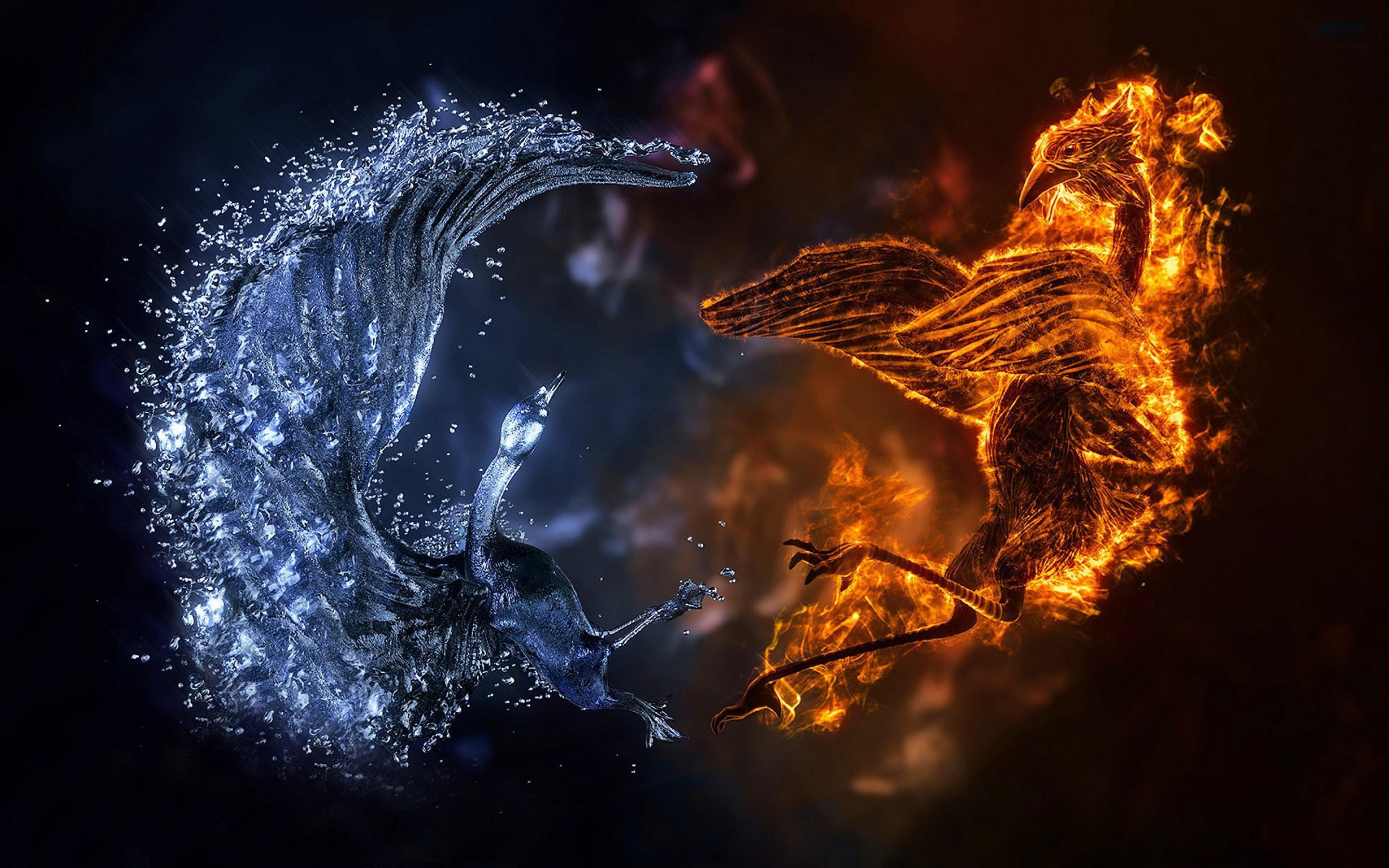 2880x1800 Wallpaper / 2K, ice, wallpaper, fire, 3D, birds, phoenix free download