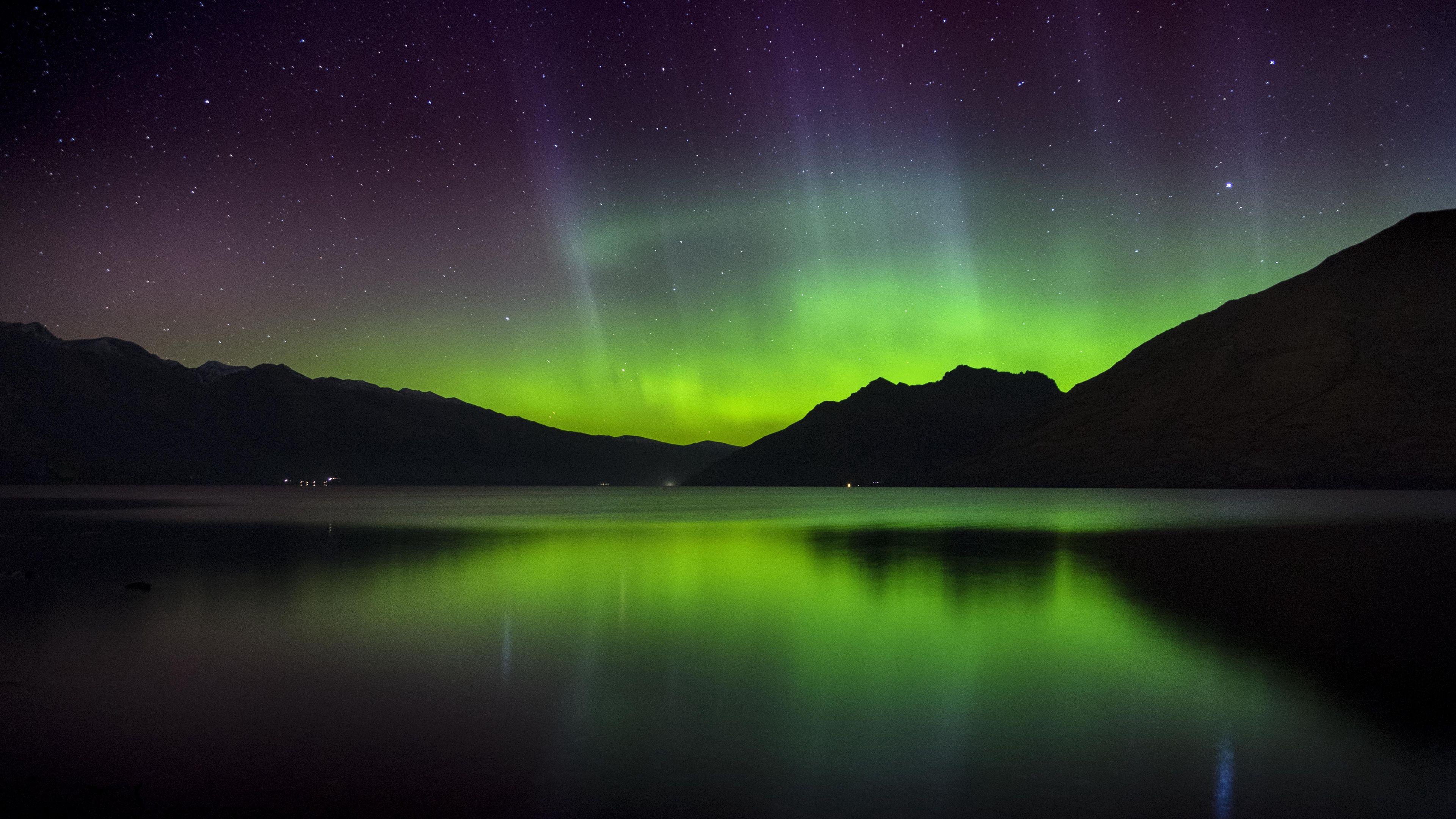 Northern Lights Night Sky Mountains Landscape K In