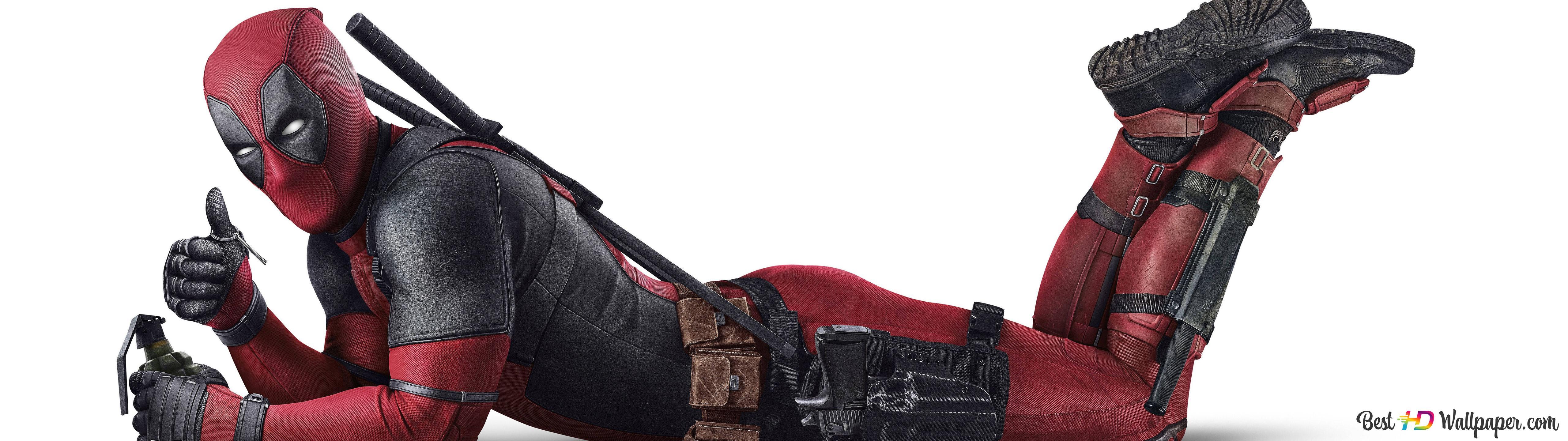 5120x1440 Deadpool movie superhero in red black costume lying on white background making hand gesture 8K wallpaper download