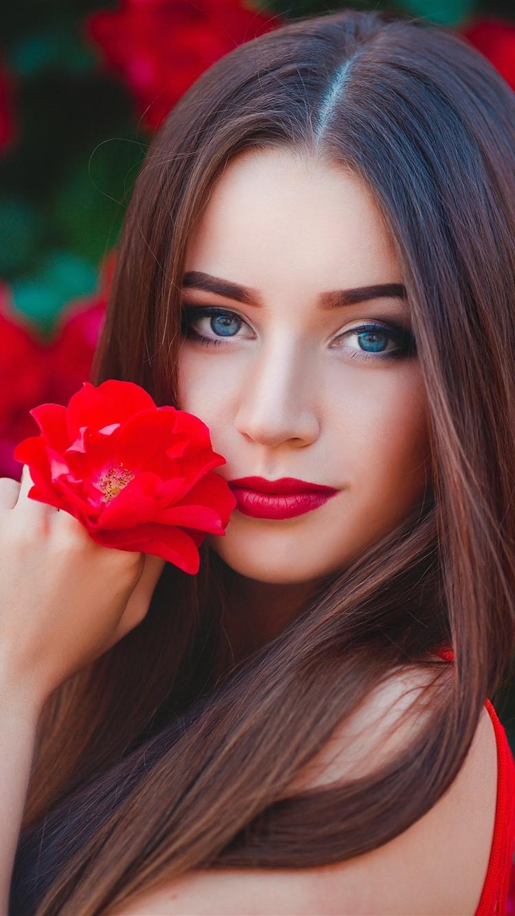 750x1334 Wallpaper Blue eyes girl, brown hair, red flowers 5120x2880 UHD 5K Picture, Image