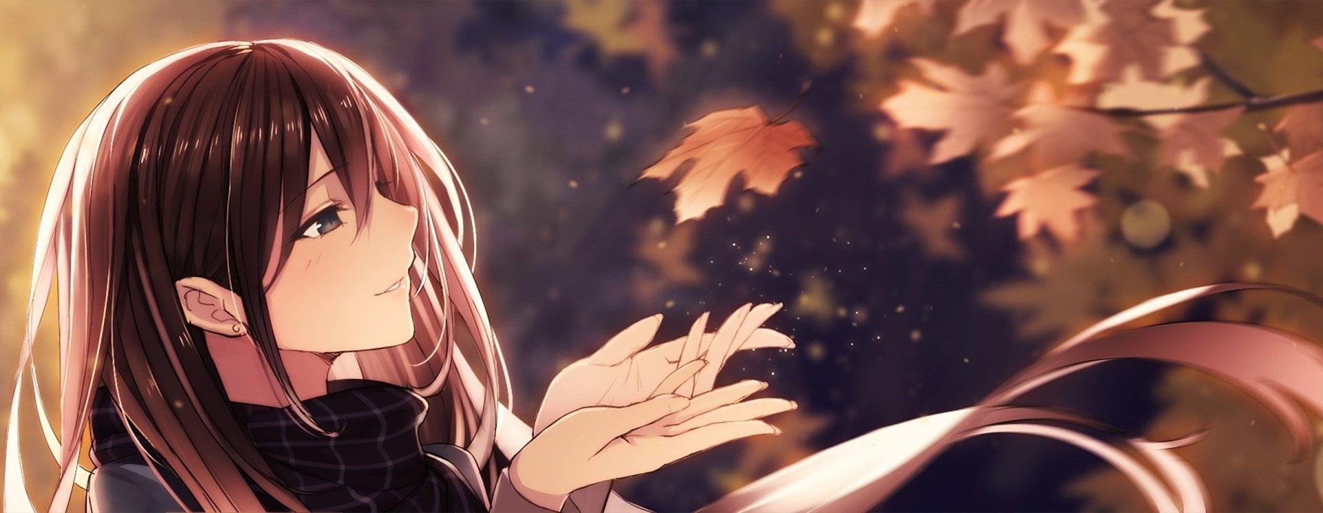 1920x744 Wallpaper / young women, beautiful people, Original (Anime), Smile, looking at camera, female, Original, Long Hair, nature, beautiful woman, beauty, emotion, Leaf free download