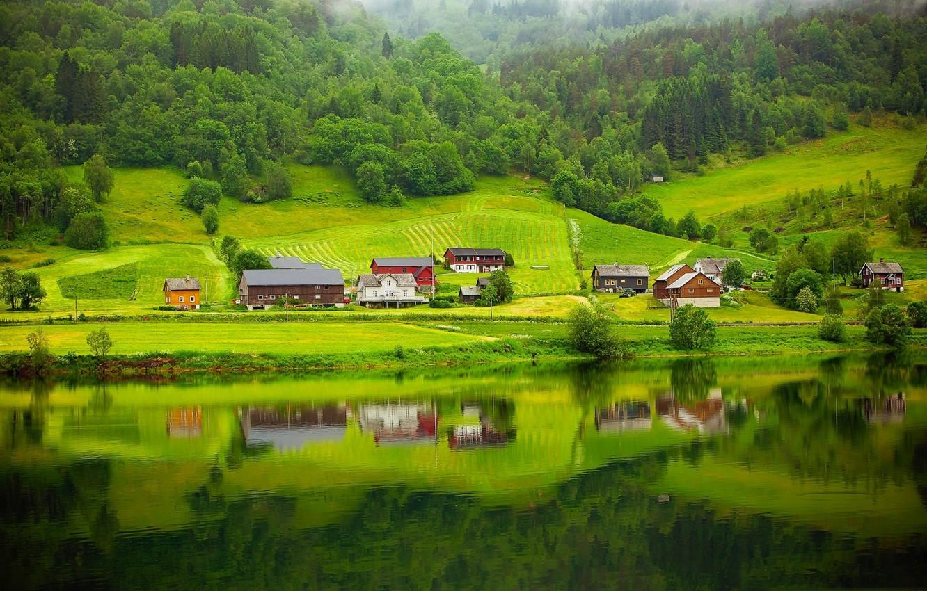 1332x850 Wallpaper summer, trees, lake, home, slope, Norway image for desktop, section пейзажи