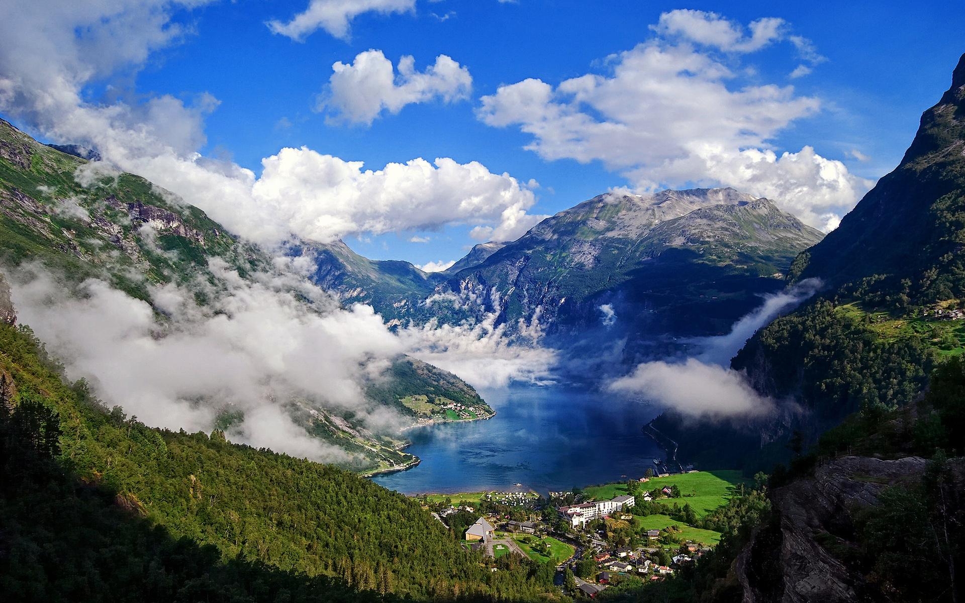 1920x1200 Download wallpaper Norway, mountains, fjord, summer, town, beautiful landscape for desktop with resolution 1920x1200. High Quality HD picture wallpaper