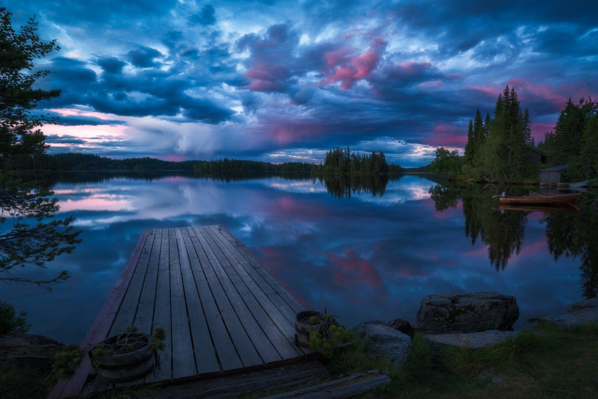 1920x1282 Blue Cloud Forest Lake Norway Pier Reflection Summer Sunset
