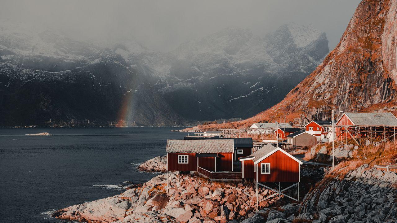 1280x720 Wallpaper houses, mountains, fog, rainbow, lofoten, norway hd, picture, image