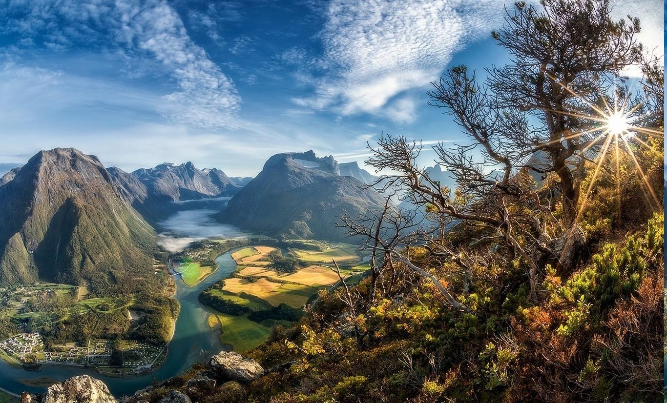 1366x826 cityscape sun rays valley trees mountain river field clouds summer norway nature landscape