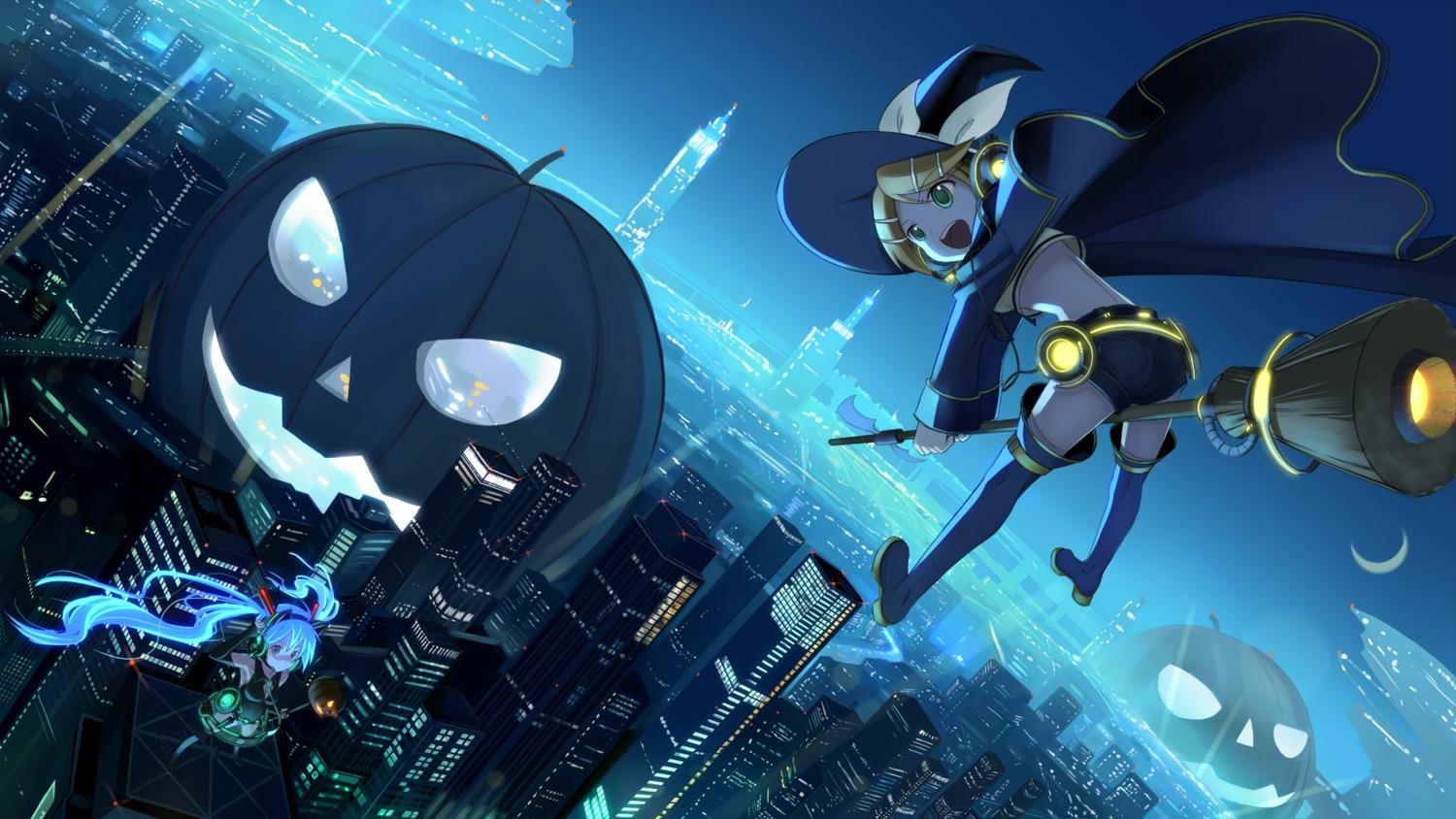 1500x844 beek vocaloid hatsune miku kagamine rin halloween thighhighs wallpaper witch