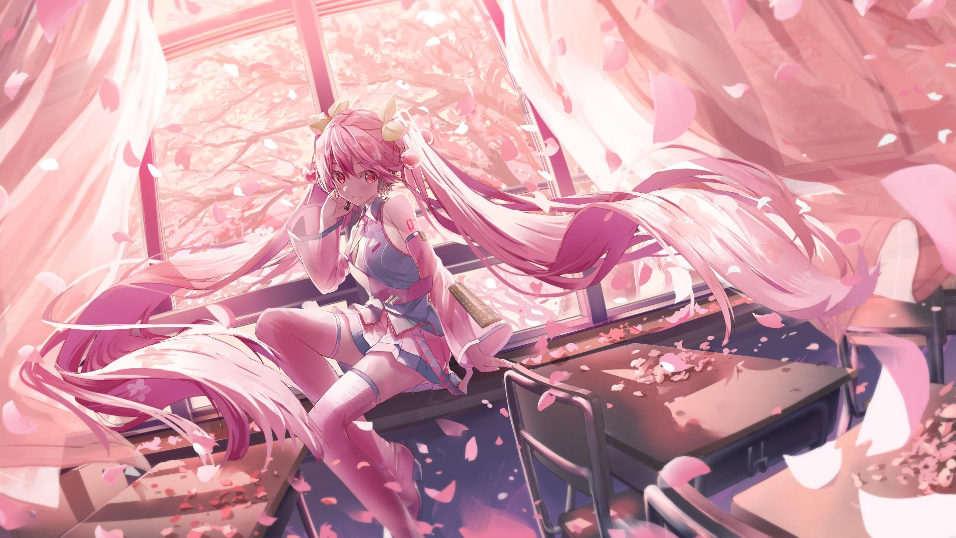 1920x1080 Anime Anime Girls Hatsune Miku Sakura Miku Pink Hair Classroom Petals Wallpaper:1920x1080