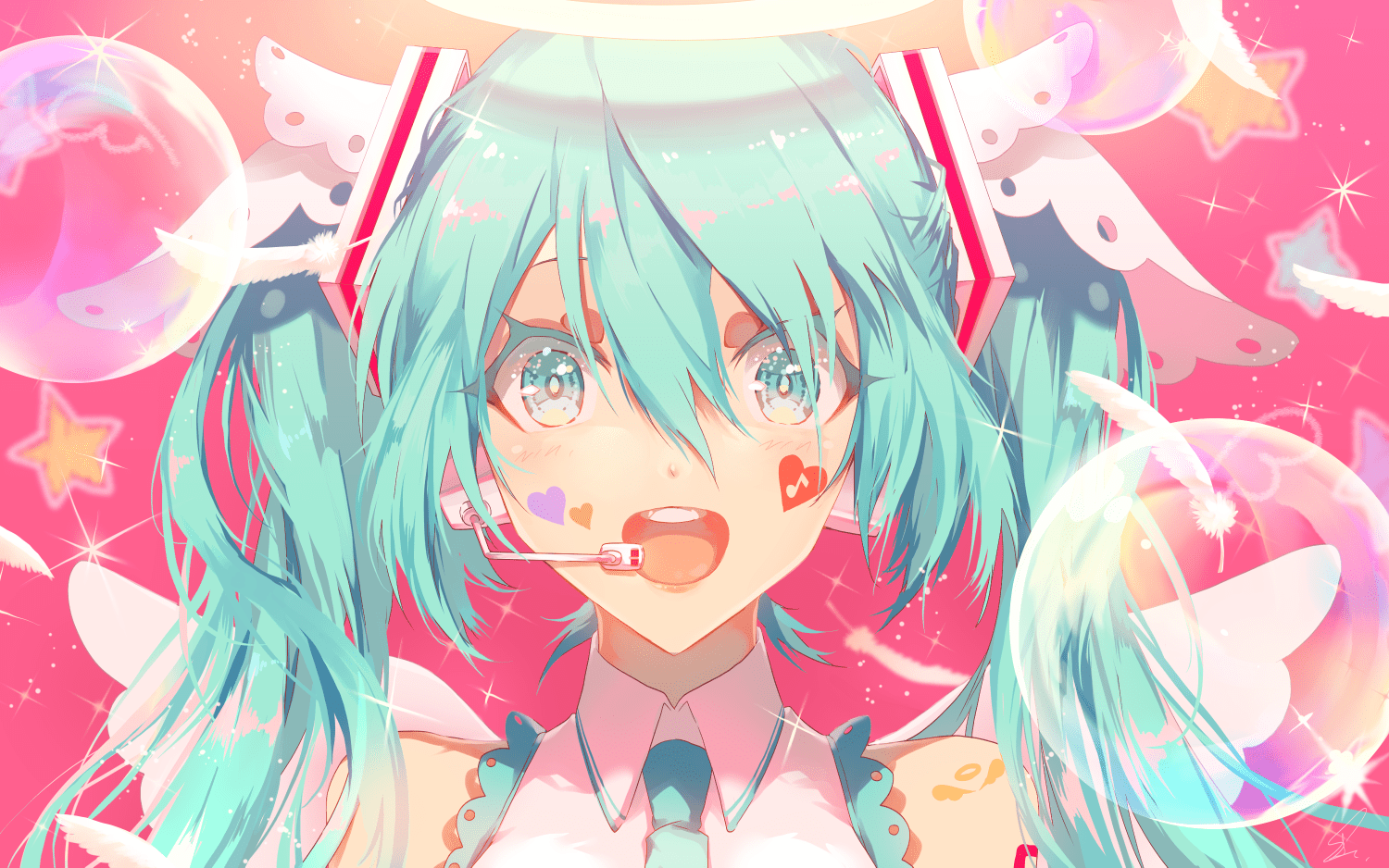 1500x938 Wallpaper / anime, anime girls, long hair, Vocaloid, Hatsune Miku, bubbles, pink background free download