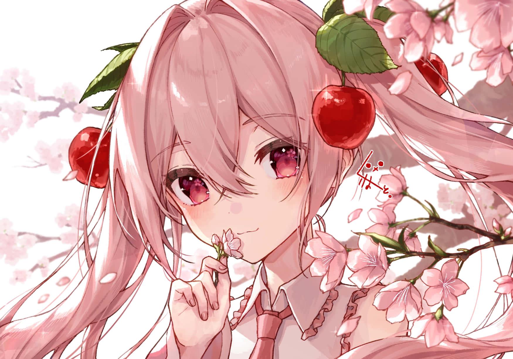 1750x1226 Download A Girl With Pink Hair And Cherry Blossoms Wallpaper