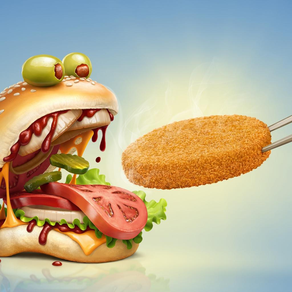 1024x1024 Funny hamburger is fed with a chop Desktop wallpaper 1024x1024