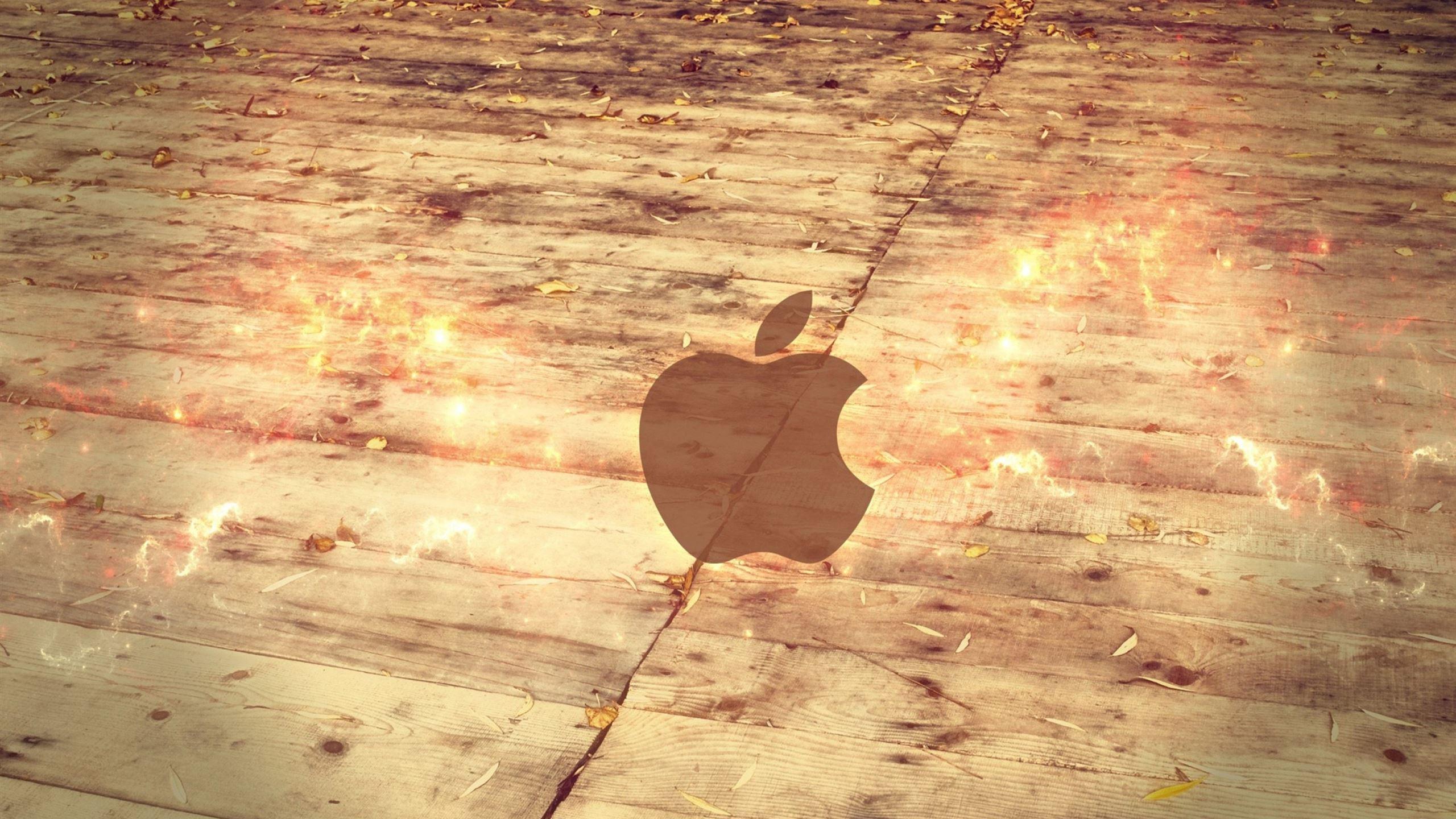 2560x1440 Apple Logo Wood Floor Mac Wallpaper Download
