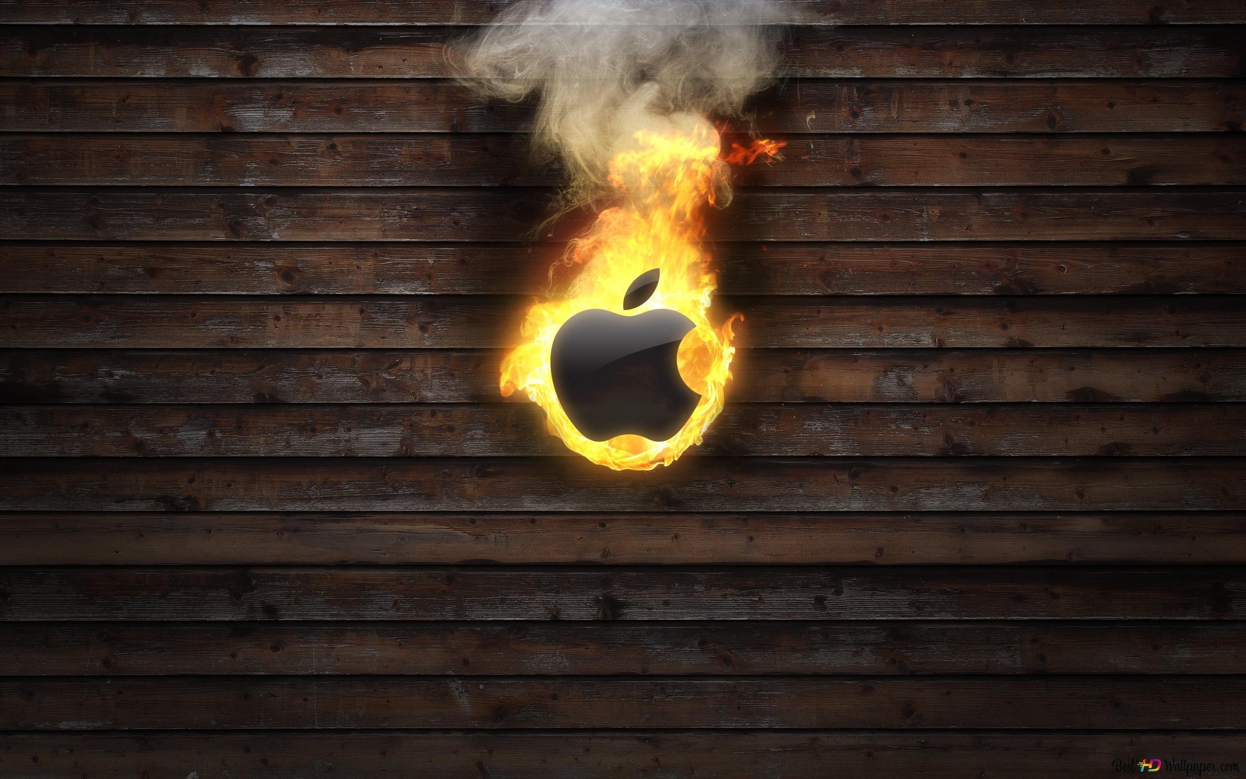 2560x1600 Apple logo in fire and fog on wooden floor 2K wallpaper download